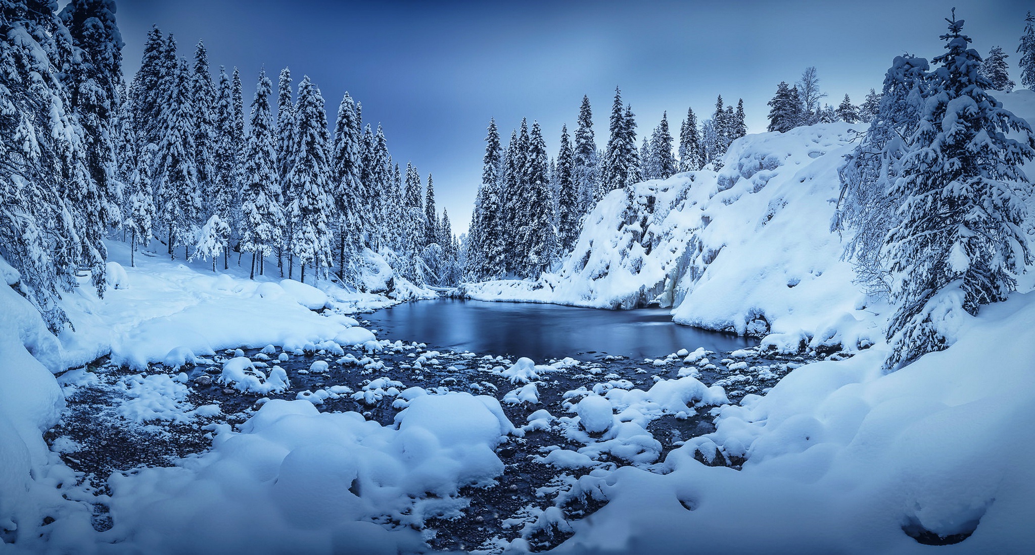 Finland Nature River Snow Winter 2048x1100