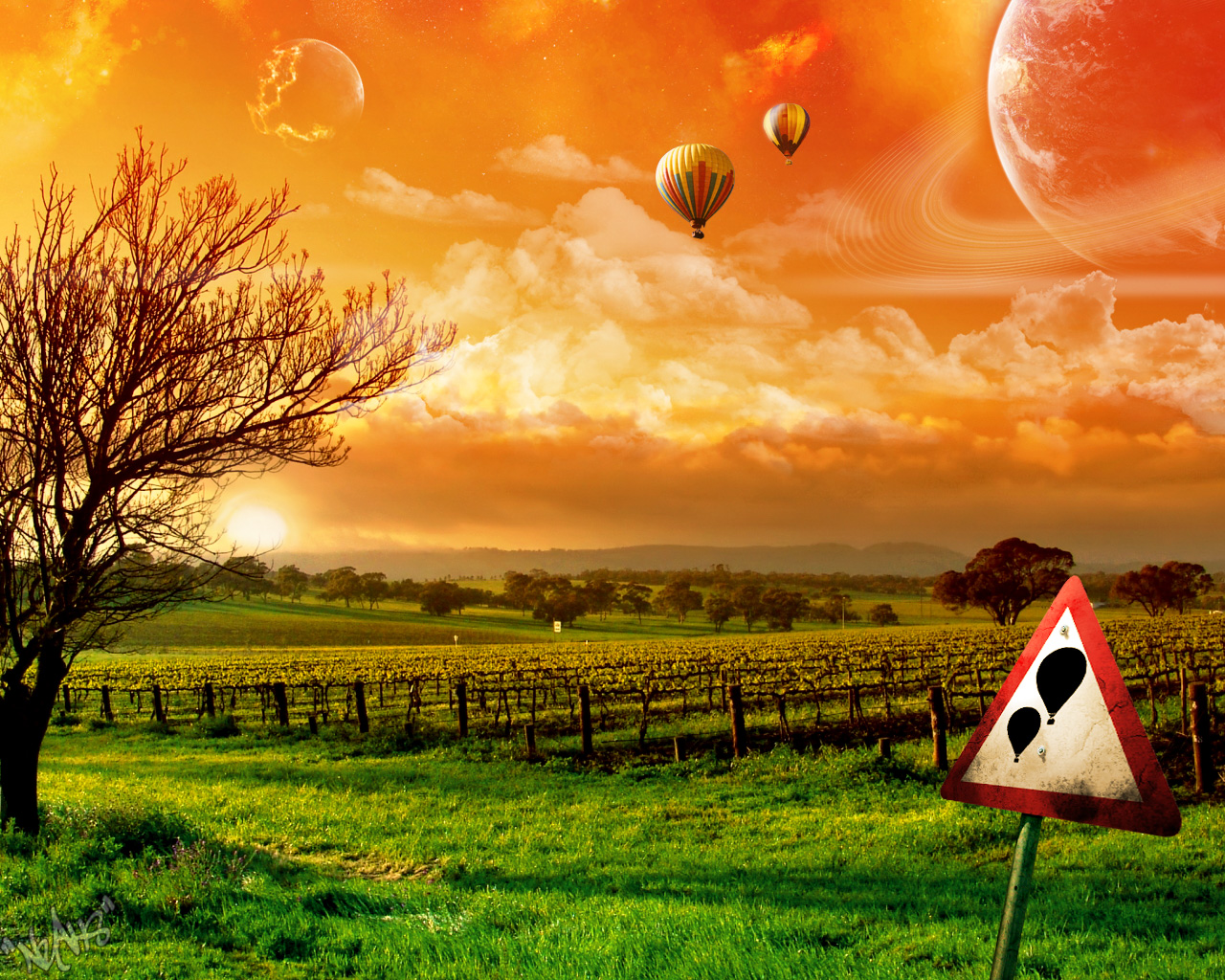 Cloud Hot Air Balloon Landscape Planet Sun 1280x1024
