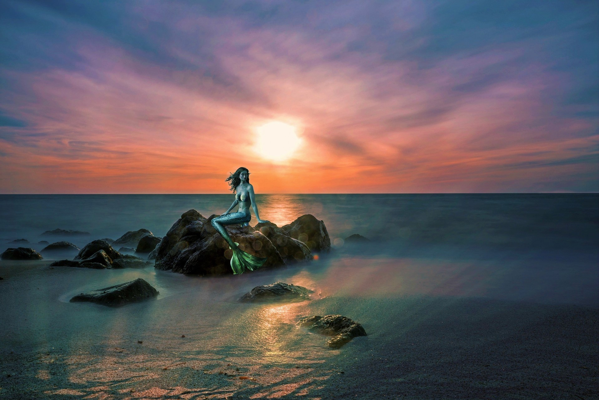 Fantasy Girl Horizon Mermaid Ocean Rock Sea Sunset Woman 1920x1281
