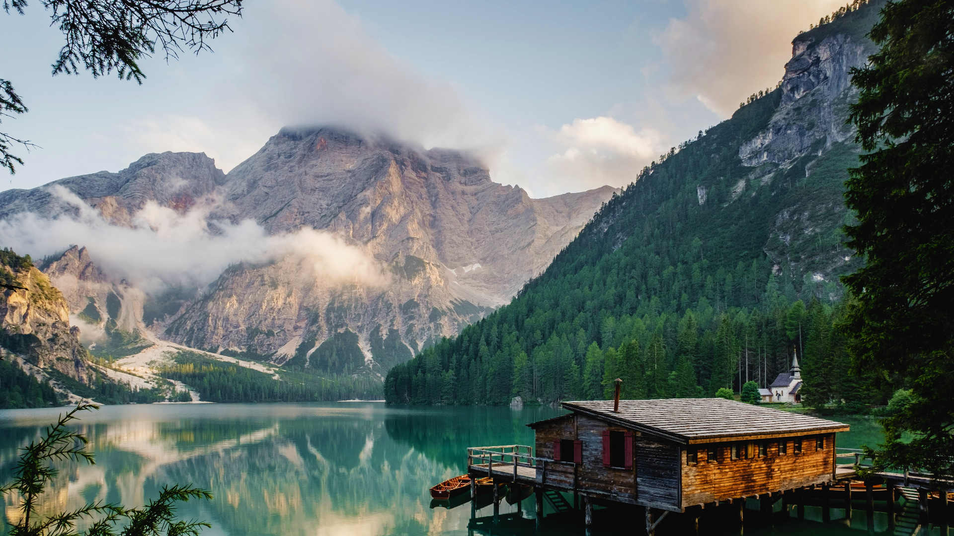 Nature Landscape Mountains Trees Forest Lake House Boat Clear Water Clouds Sky Pragser Wildsee Italy 1920x1080