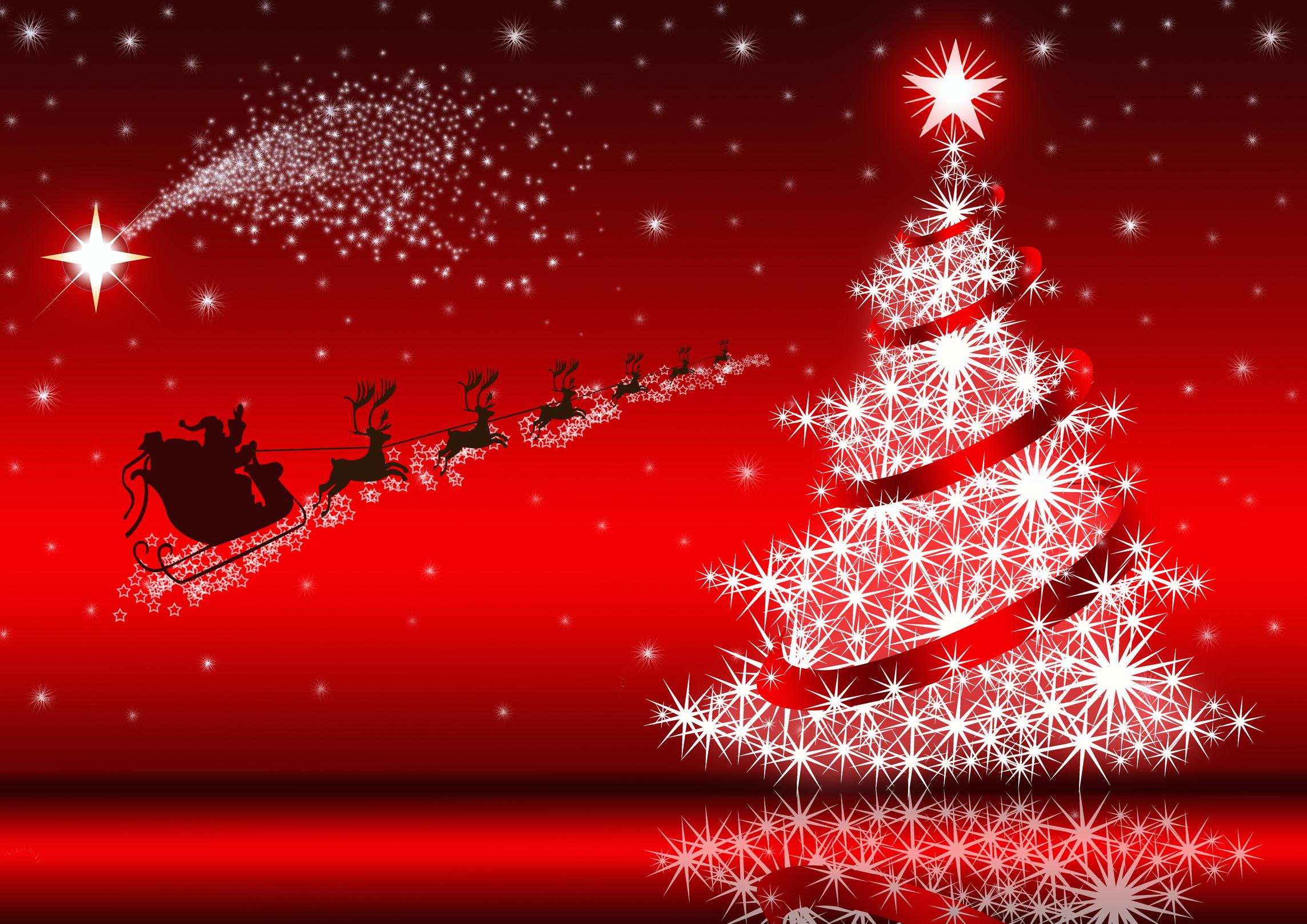 Christmas Christmas Tree Red Reindeer Santa Claus Sleigh Stars 2287x1618
