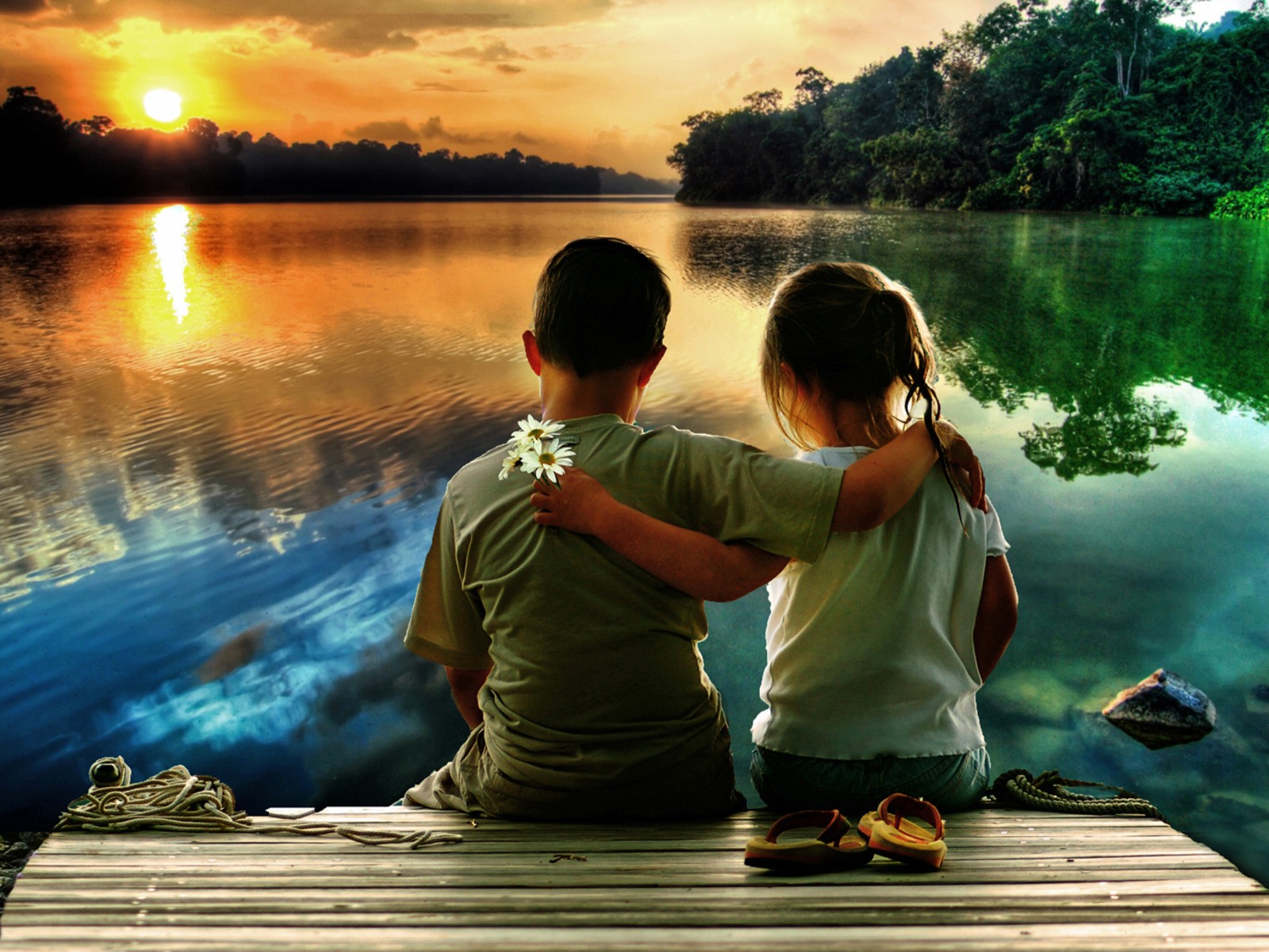 Child Daisy Friend Lake Love Reflection Sunset Water 1600x1200