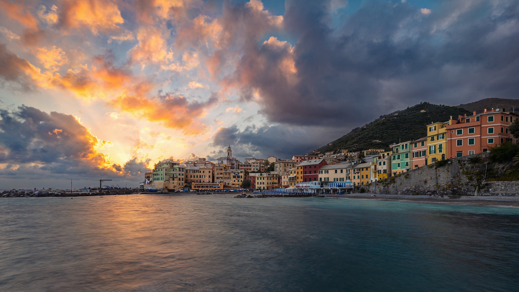 Building Coast Italy Liguria Sea Sunset 2048x1152
