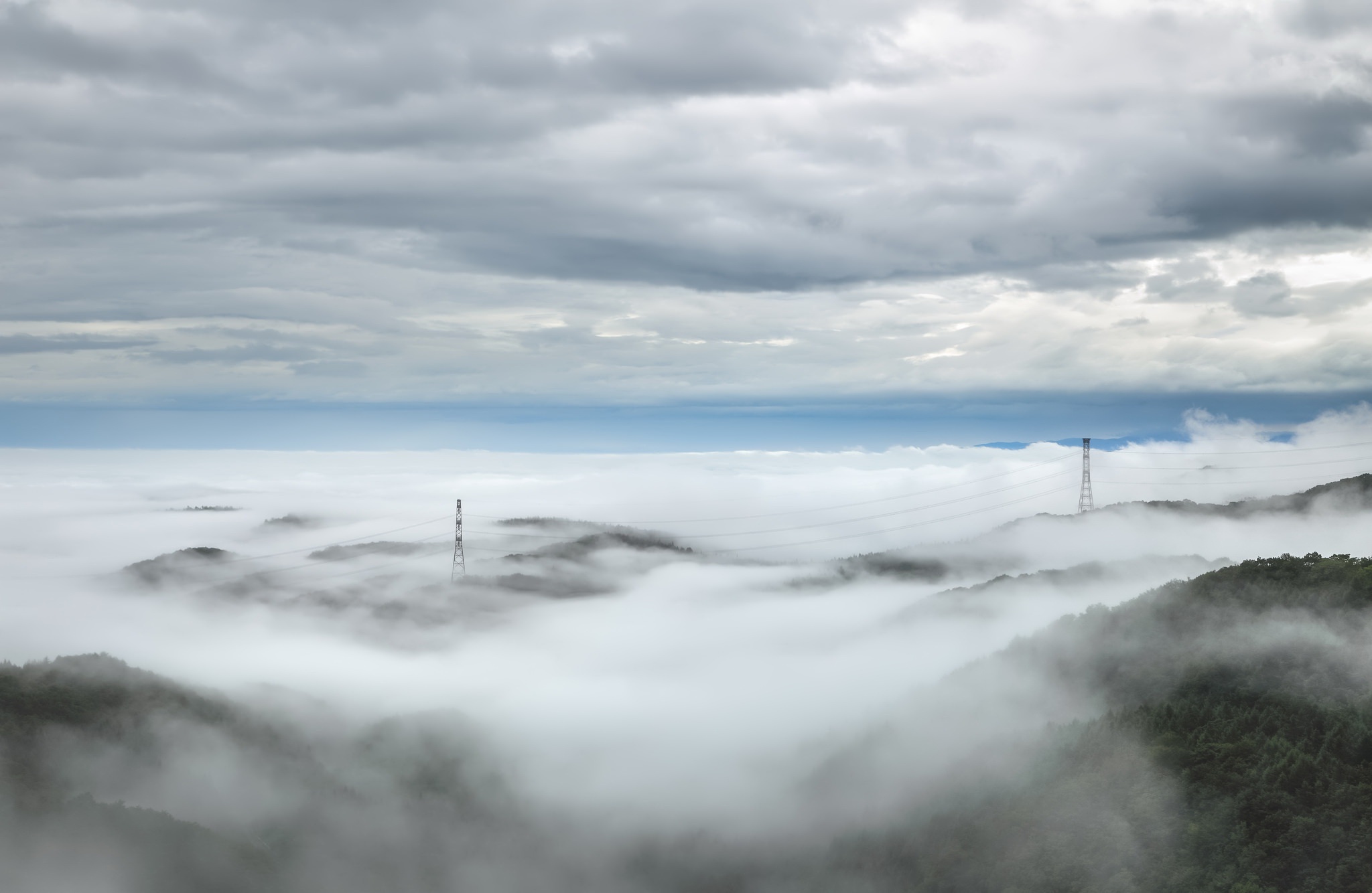Cloud Fog Horizon Landscape Power Line 2048x1334
