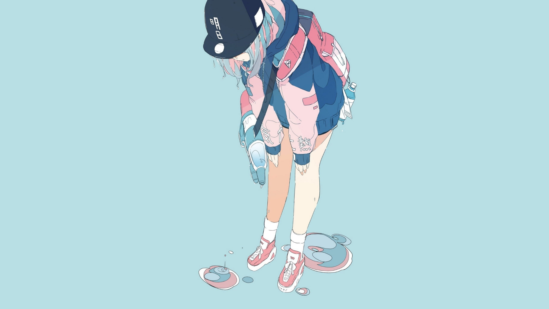 Backpack Blue Hair Girl Hat Water 1920x1080