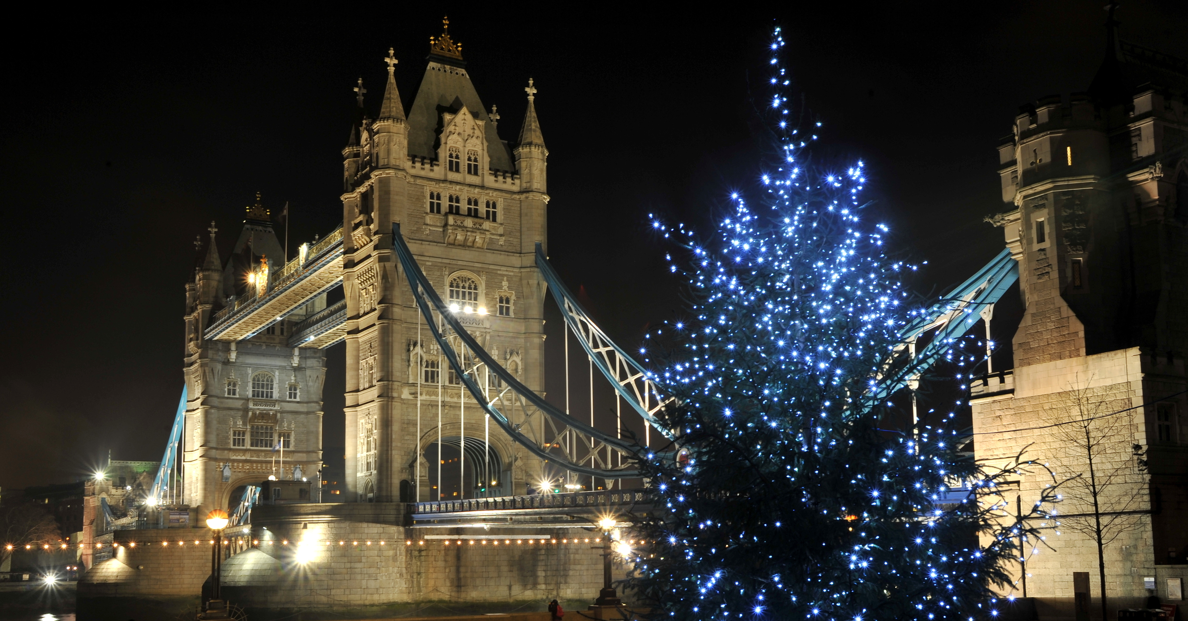 Blue Christmas Christmas Tree Holiday Light London Night Tower Bridge 3900x2040