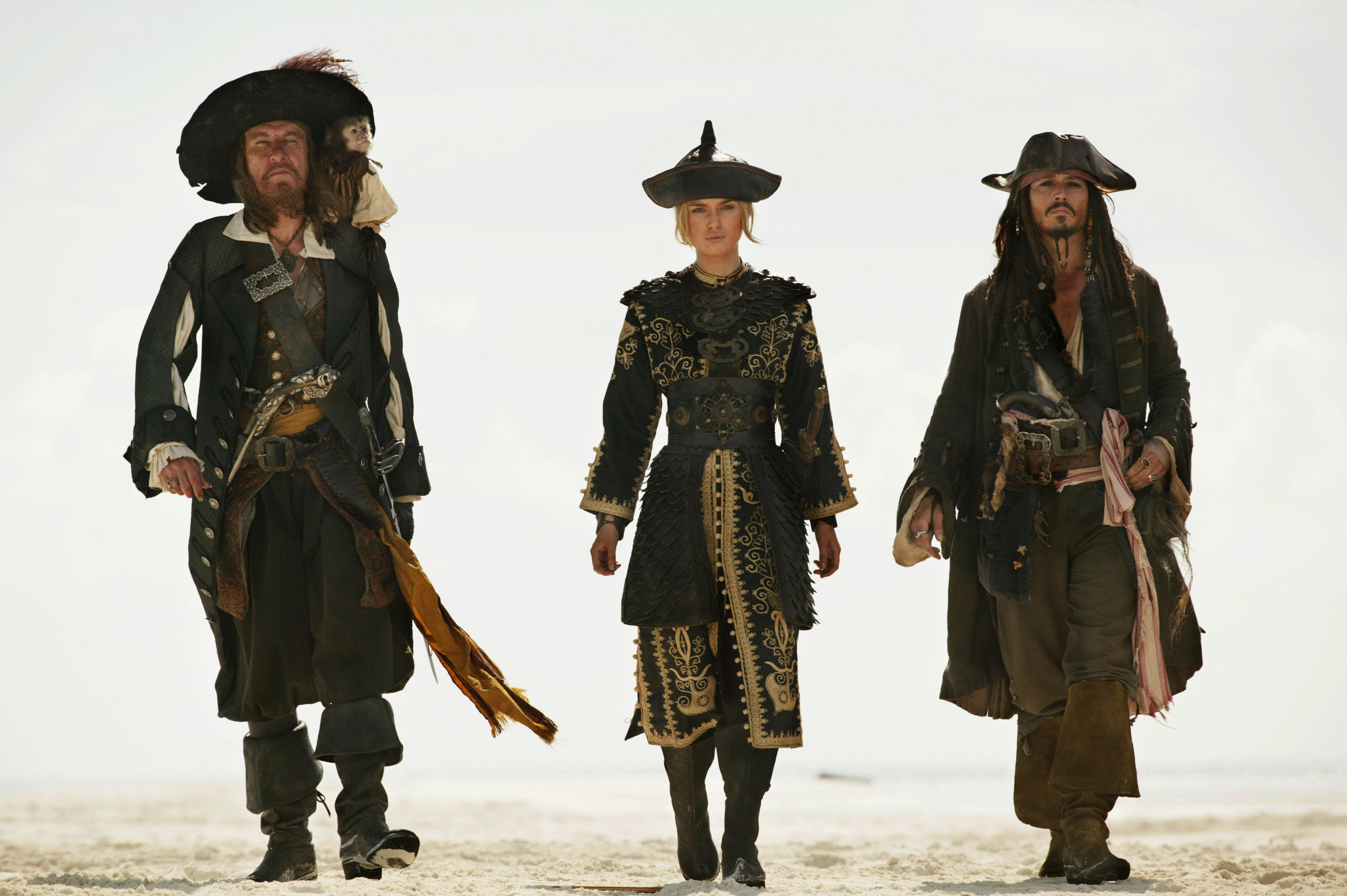 Elizabeth Swann Geoffrey Rush Hector Barbossa Jack Sparrow Johnny Depp Keira Knightley 3049x2030