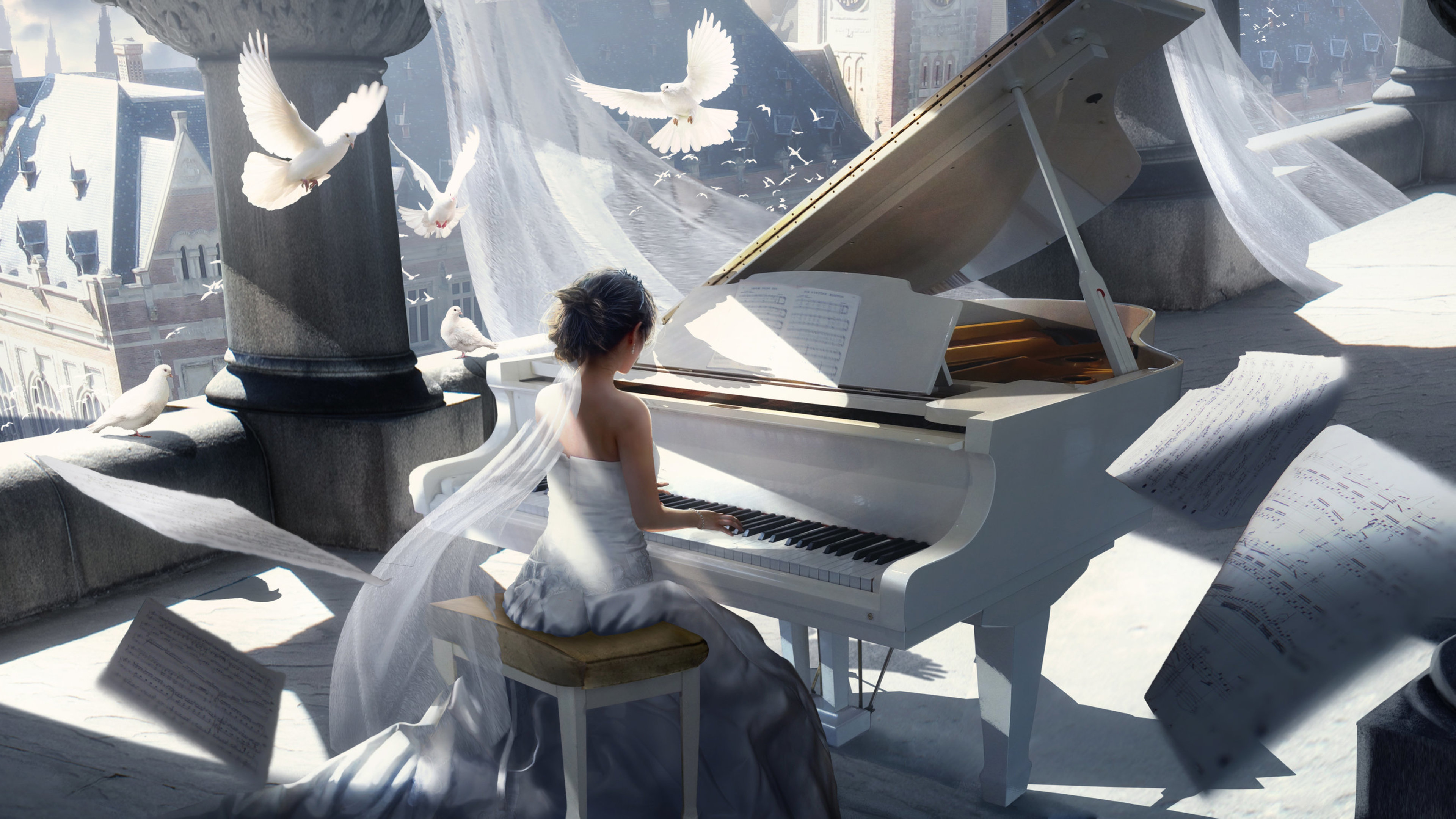 Bird Dove Girl Instrument Painting Piano Sheet Music White Dress 3840x2160