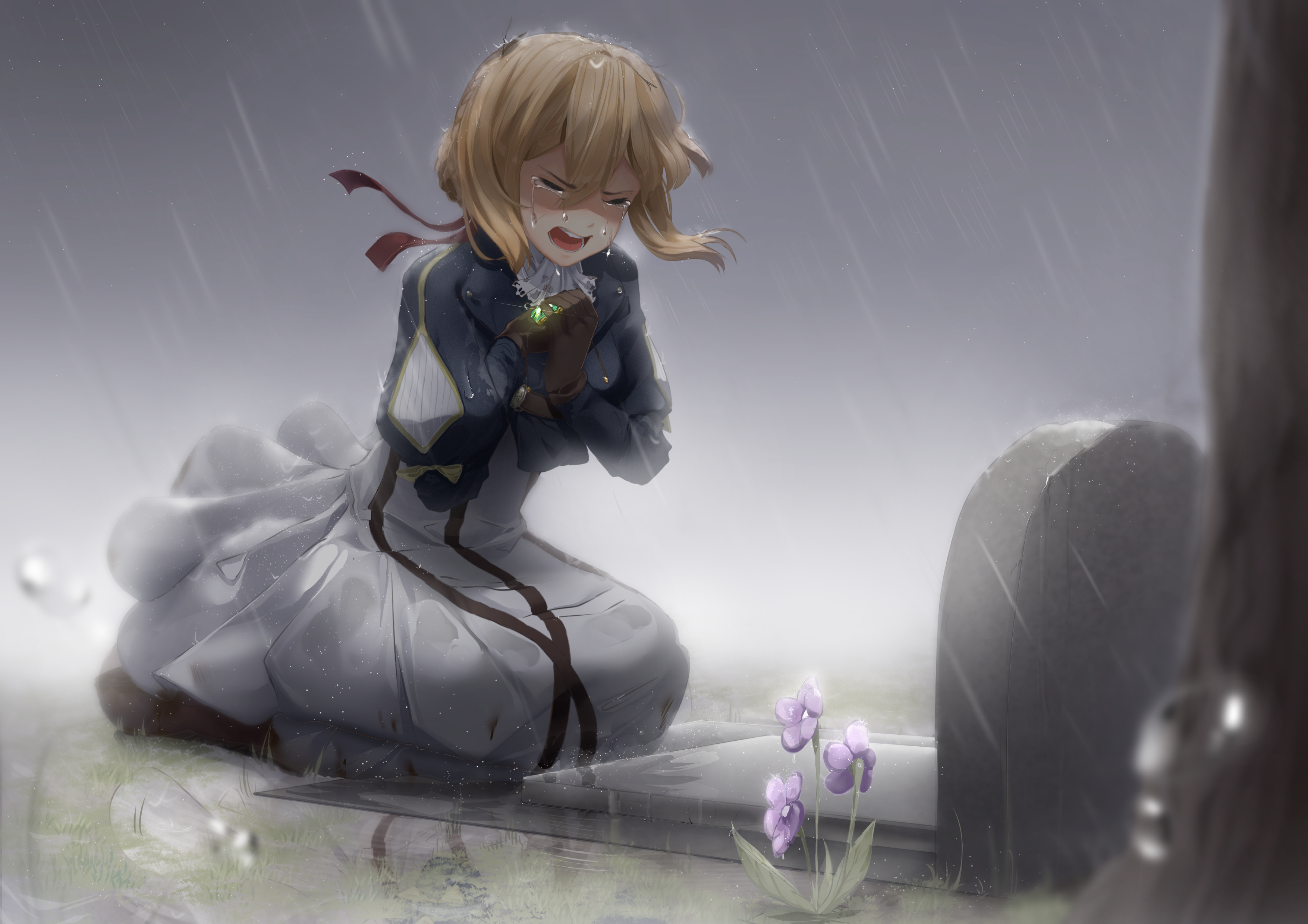 Blonde Crying Girl Rain Tombstone Violet Evergarden Character 3508x2480