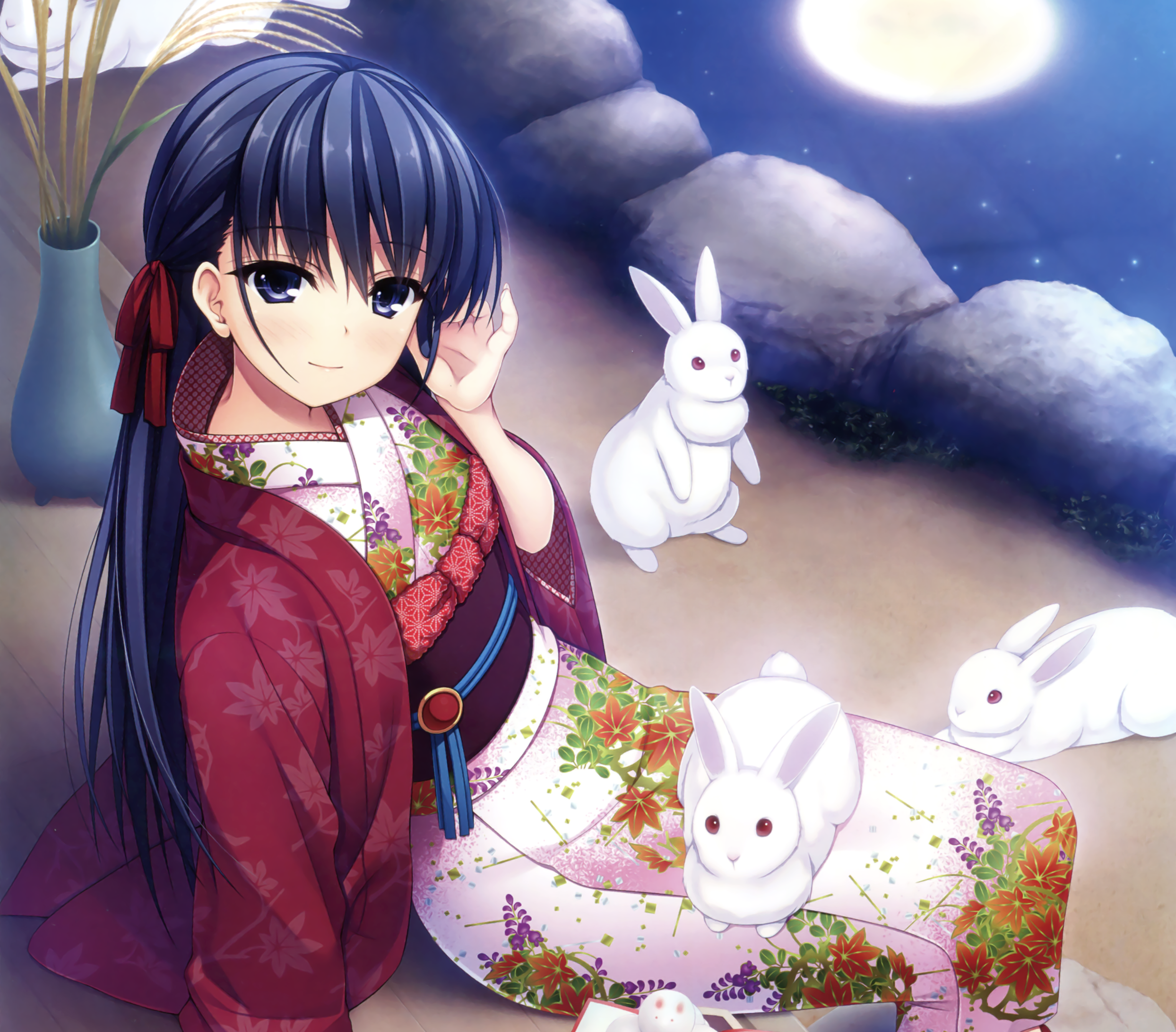 Black Hair Blush Bunny Kimono Lake Long Hair Smile 2488x2184