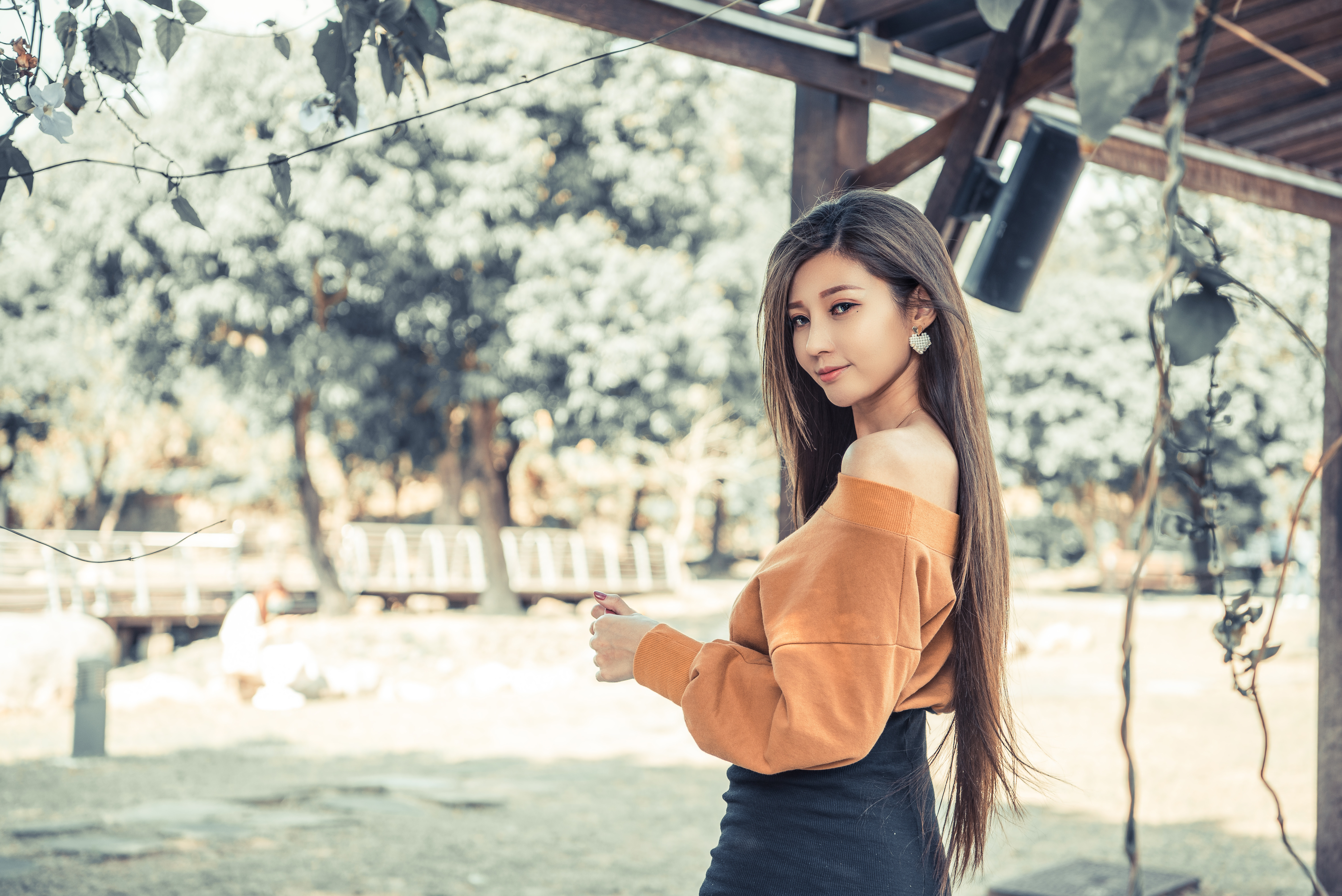 Asian Women Model Long Hair Brunette Pullover Bare Shoulders Earring Speaker Trees Skirt 6016x4016