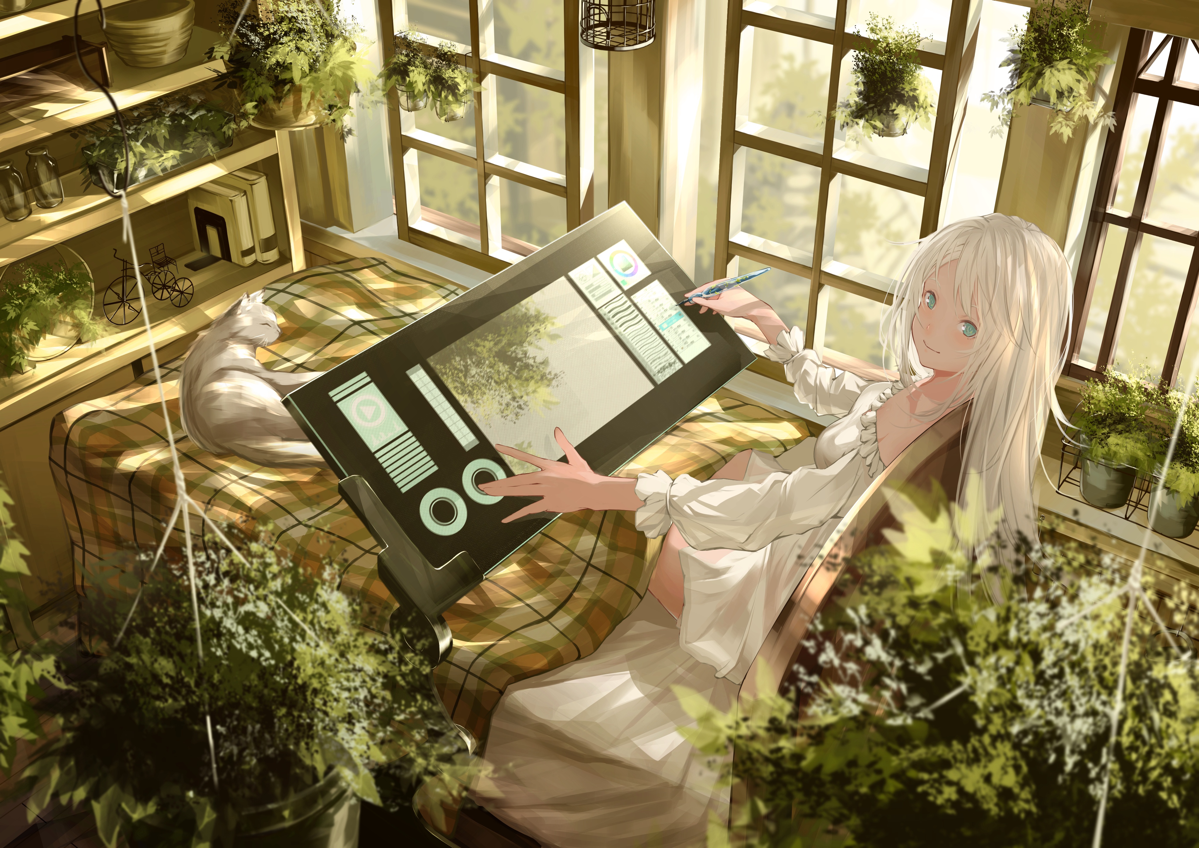Anime Anime Girls Indoors Blonde Blue Eyes Plants Tablet Cats 4093x2894