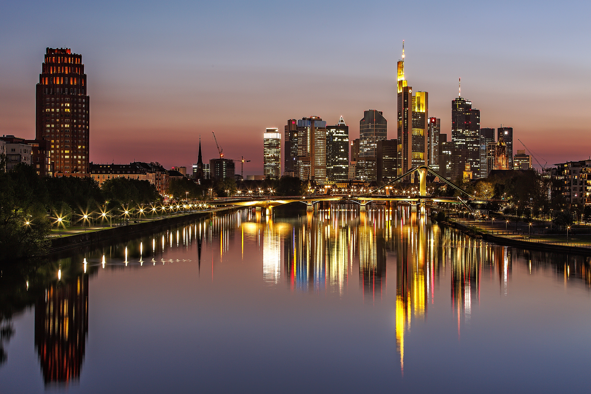 Bridge Building City Frankfurt Germany Light Night Reflection River Skyscraper 2048x1365