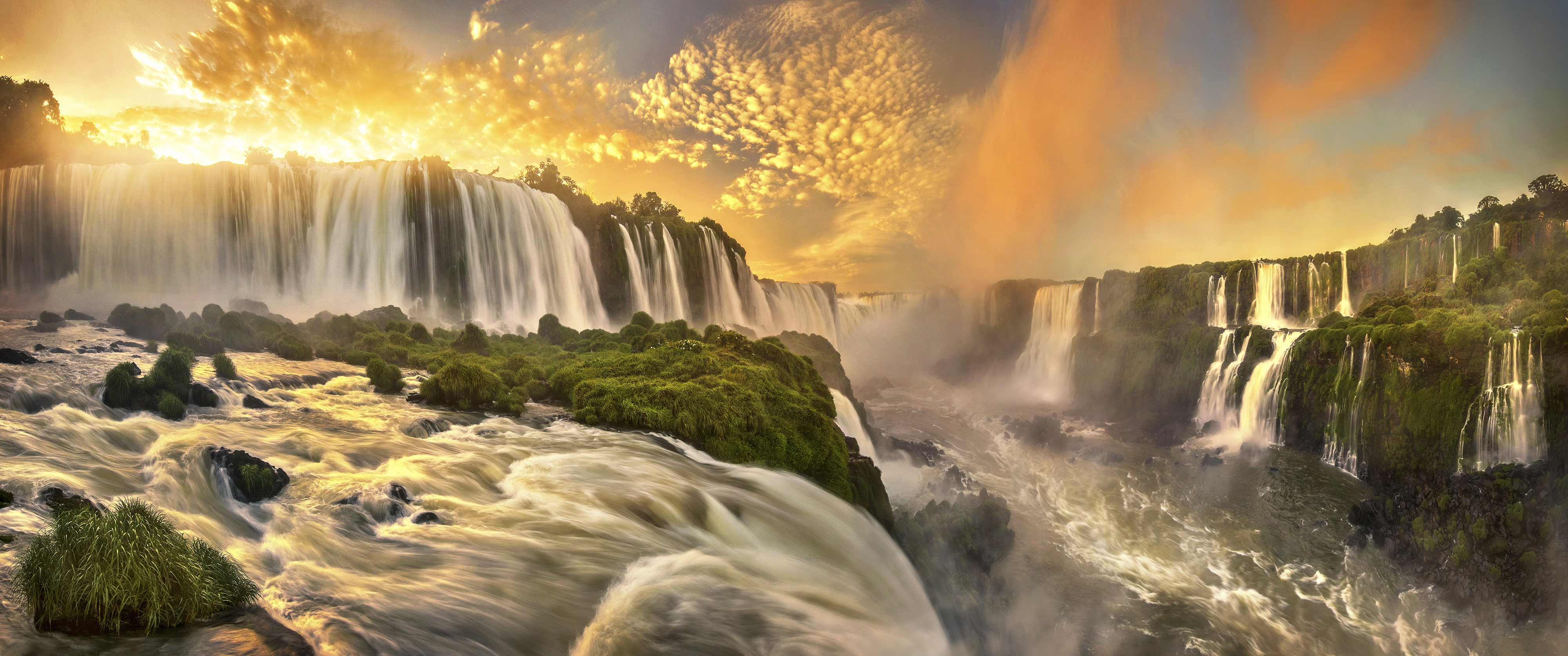 Brazil Glow Iguazu Falls Sunset Waterfall 4000x1675