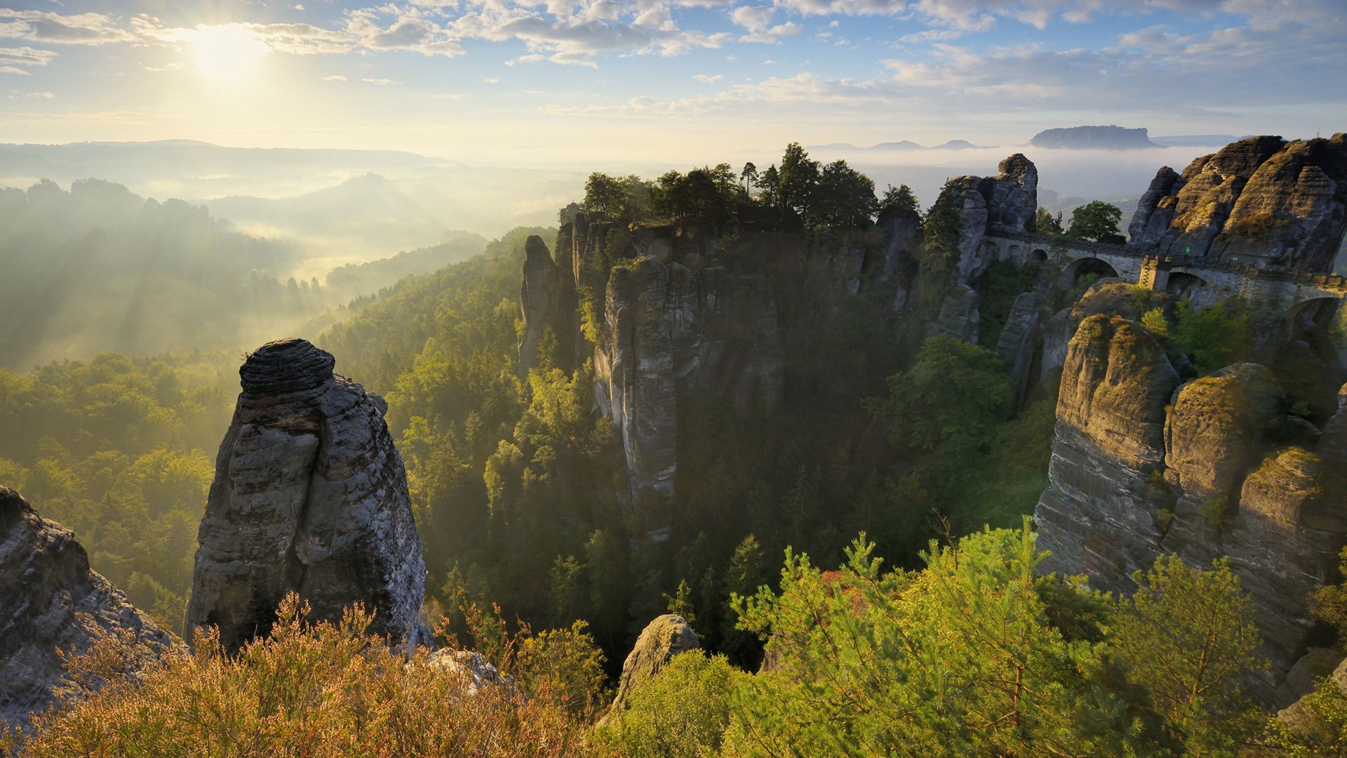 Nature Landscape Clouds Sky Trees Forest Mountains Rocks Sun Far View Rock Formation Saxony Germany  1920x1080