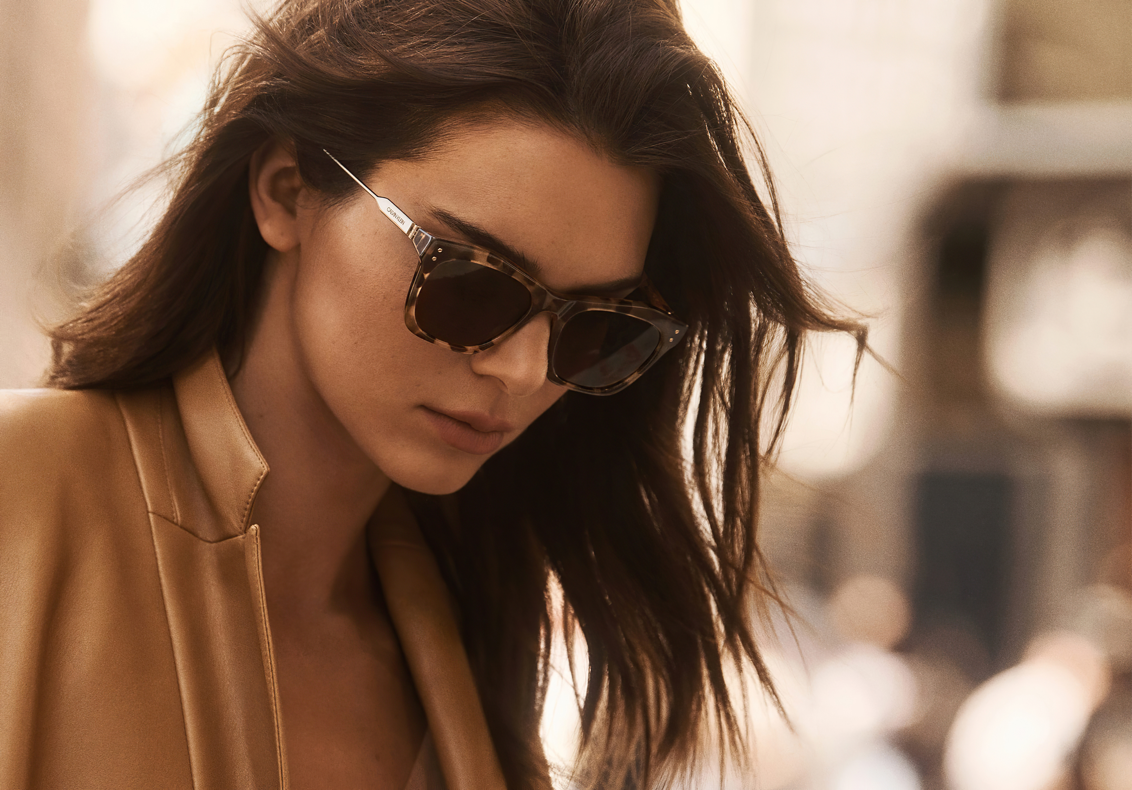 Glasses Kendall Jenner Model Women Looking Below Dark Hair Brown Coat 3840x2680