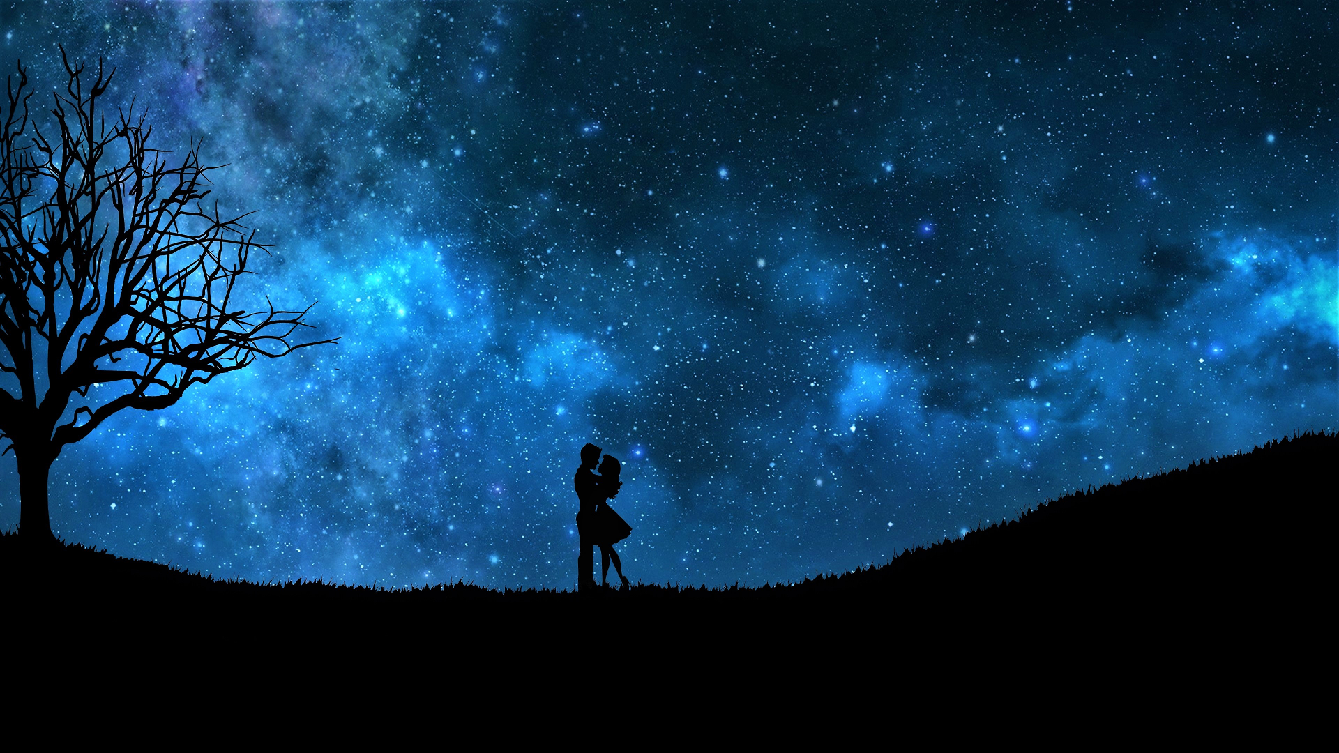 Artistic Blue Couple Hug Love Night Romantic Silhouette Sky Starry Sky Stars 1920x1080