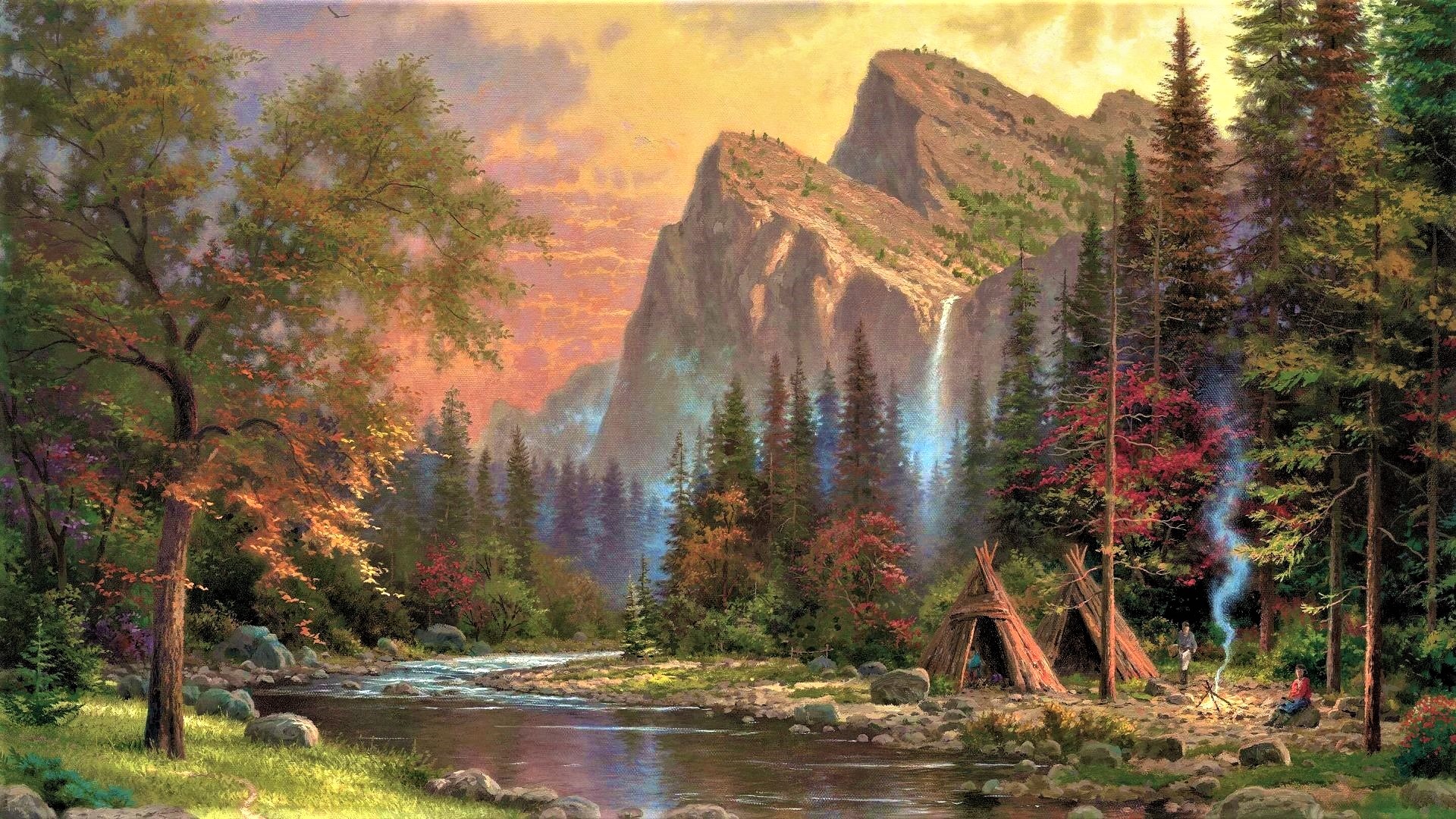 Artistic Colorful Fall Forest Mountain Painting River Wallpaper