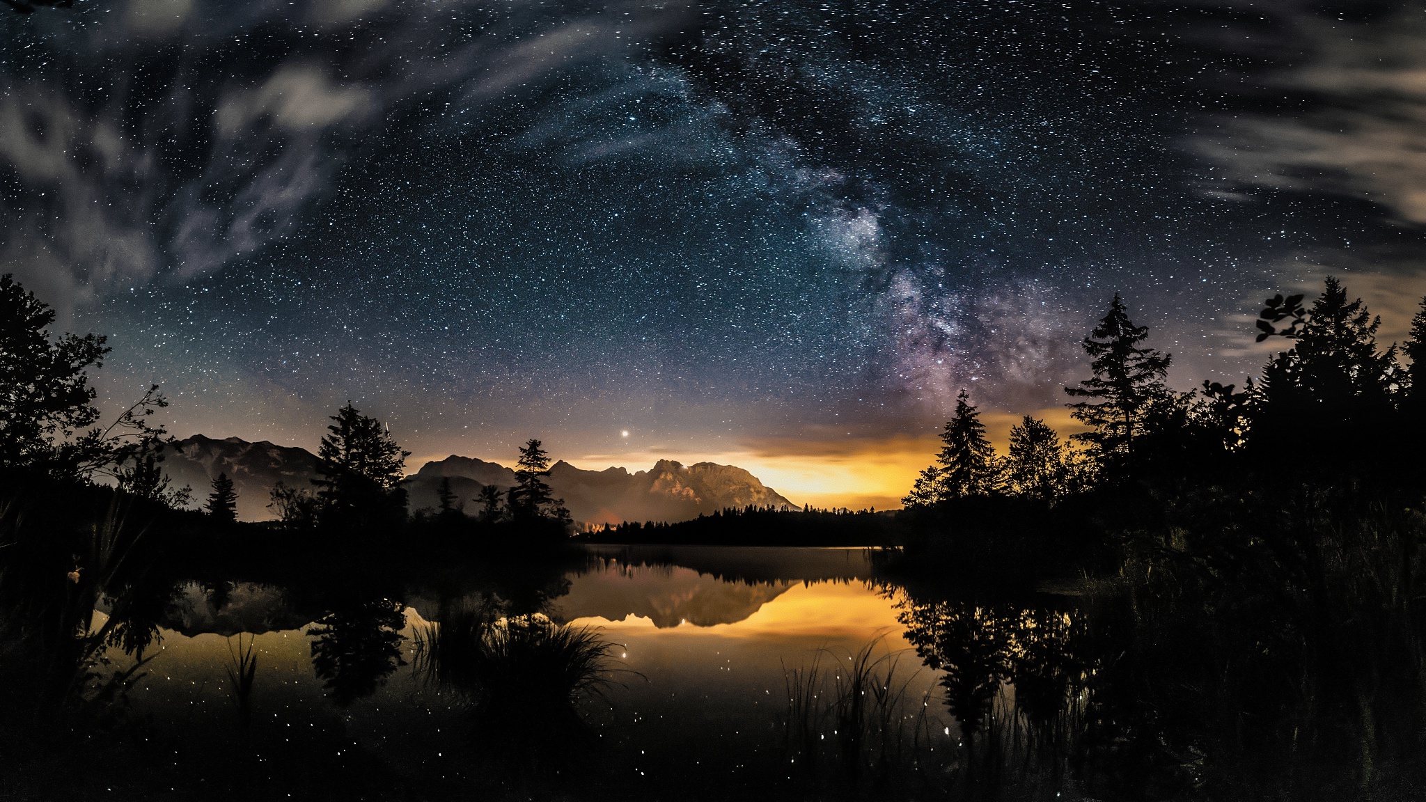 Lake Nature Night Reflection Sky Starry Sky Stars 2048x1152
