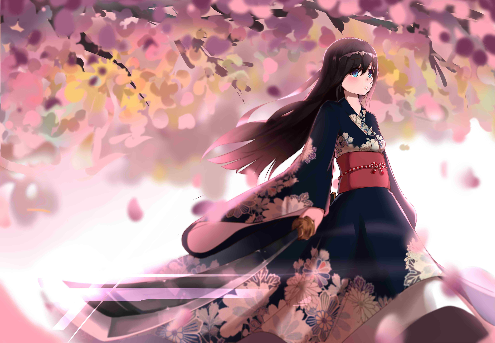 Black Hair Blue Eyes Cherry Blossom Kimono Long Hair Sword 2000x1385