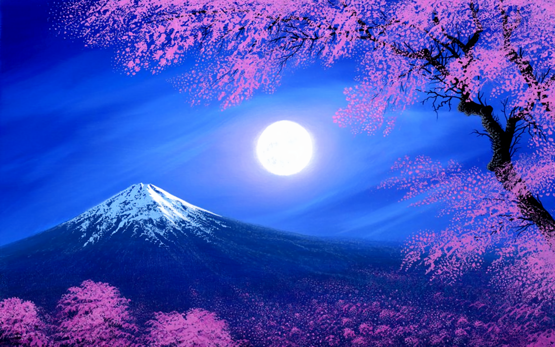 Artistic Cherry Blossom Fantasy Moon Mount Fuji Mountain Spring Tree 1920x1200