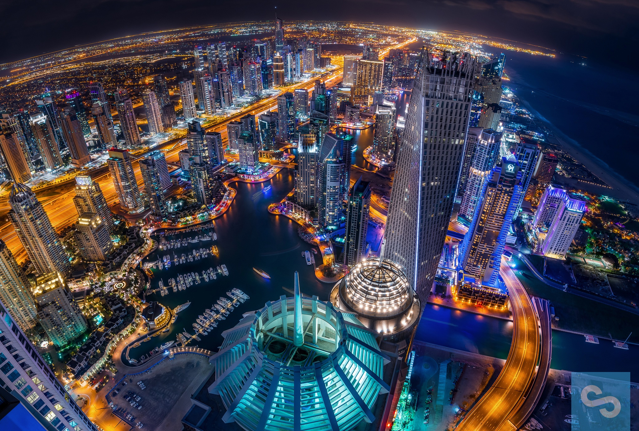 Aerial City Cityscape Dubai Light Man Made Night Skyscraper 2048x1381