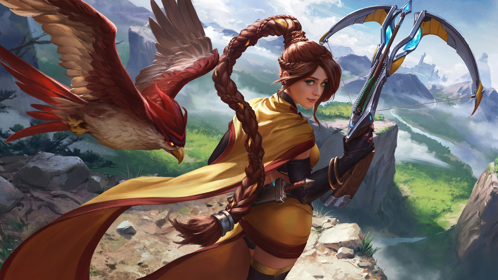 Braid Brown Hair Cassie Paladins Crossbow Long Hair Paladins Video Game Woman Warrior 1920x1080