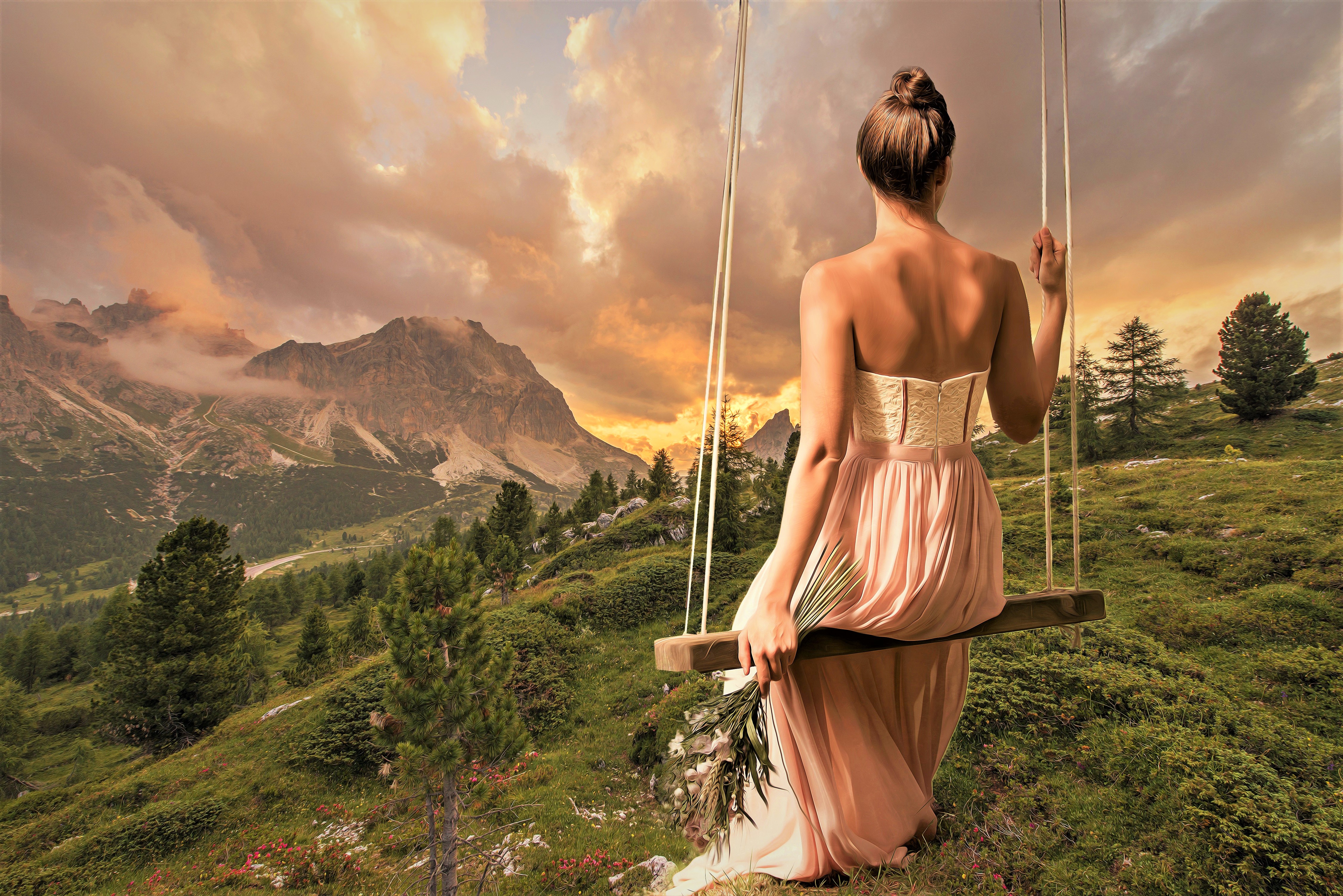 Dress Girl Landscape Mood Rear Swing Woman 4500x3003