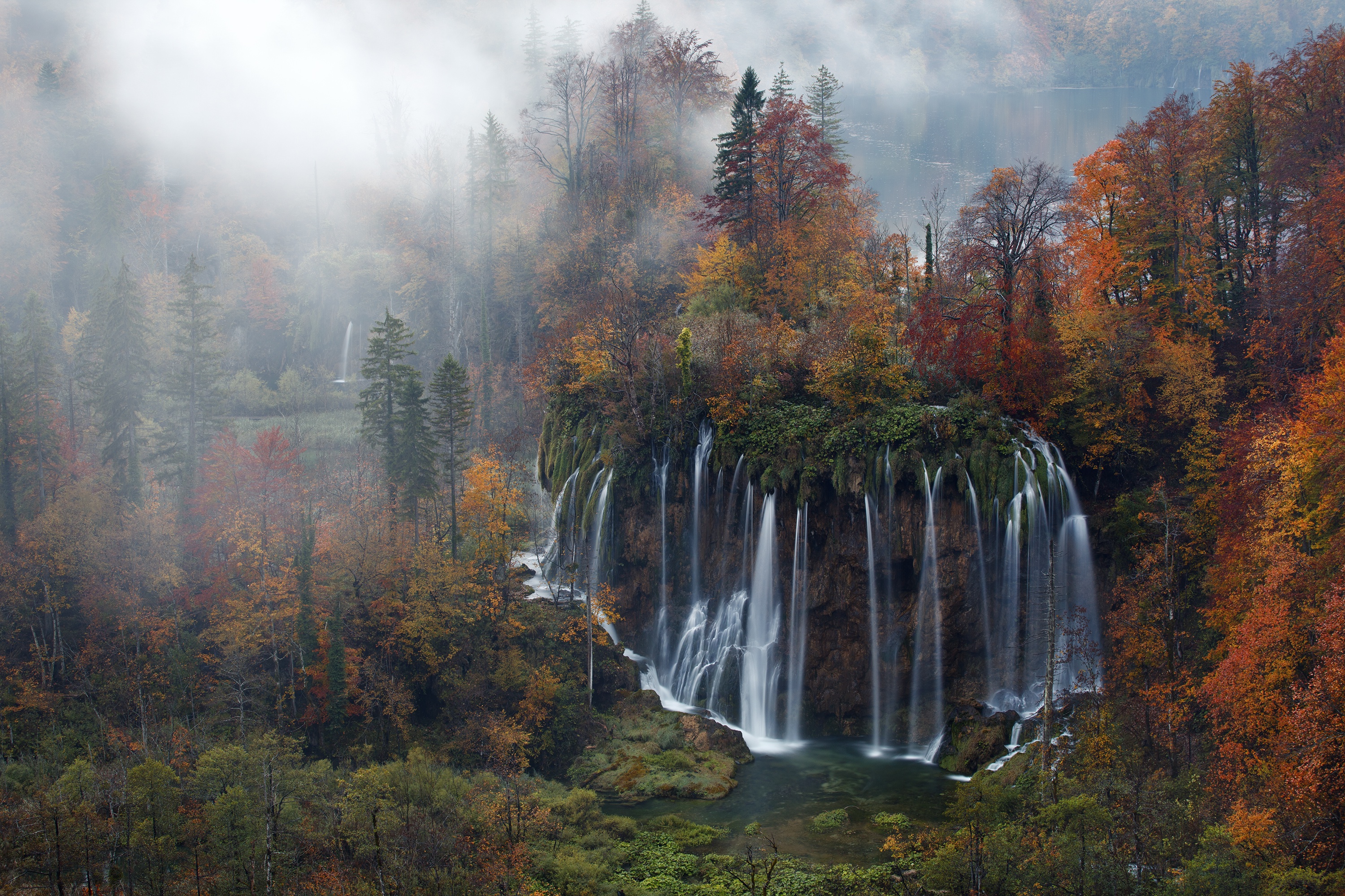 Croatia Fog Forest Nature Plitvice National Park Water Waterfall 3000x2000