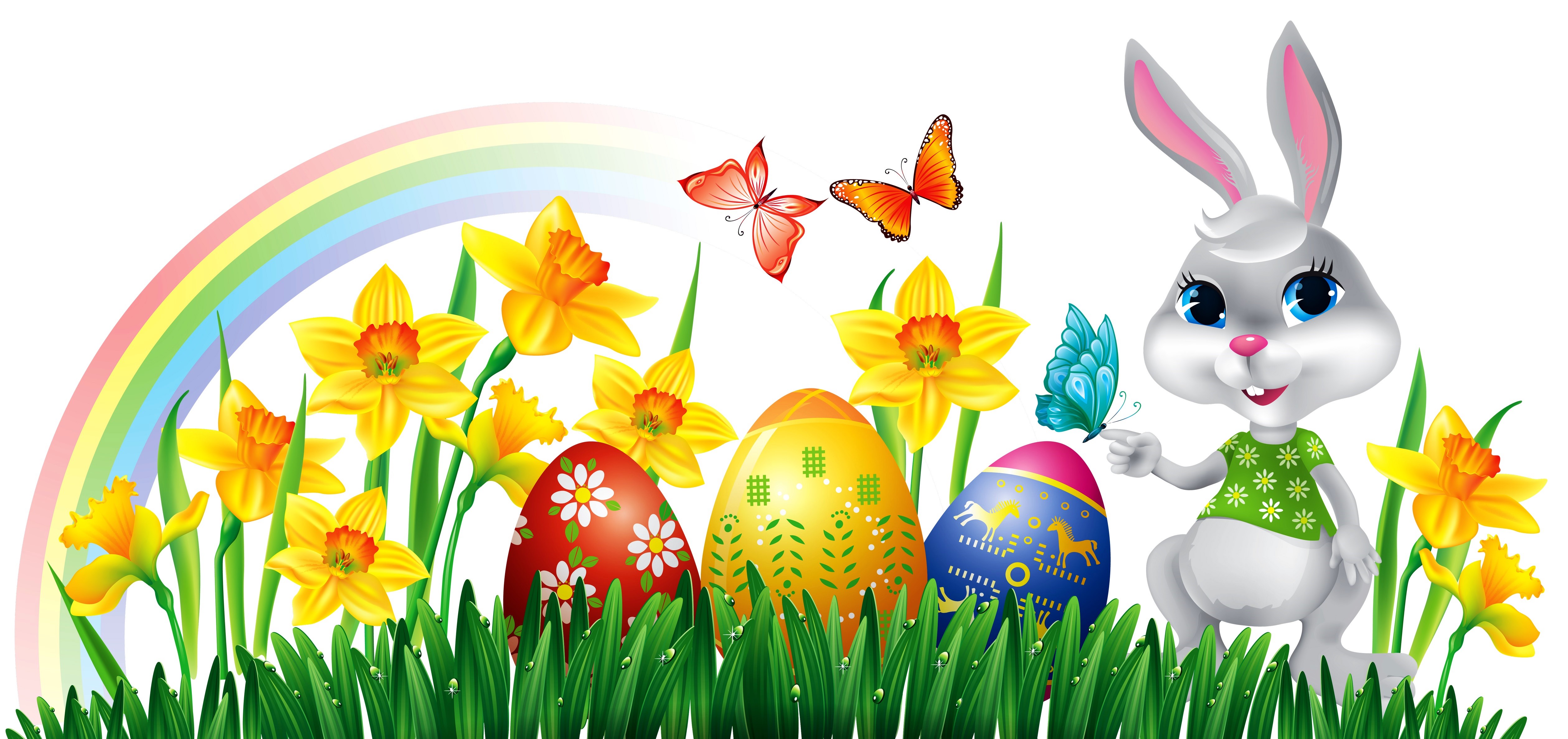 Bunny Butterfly Colorful Daffodil Easter Easter Egg Grass Holiday Rainbow 5036x2373