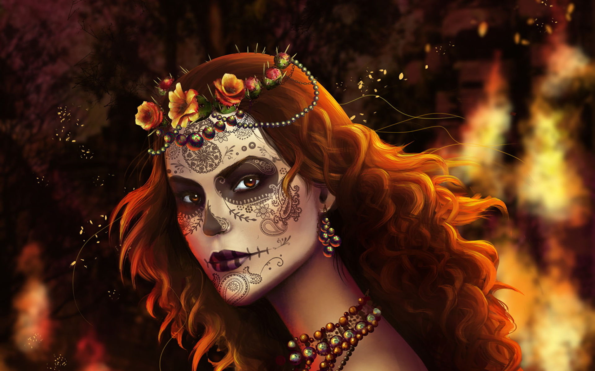 Face Girl Lipstick Redhead Sugar Skull Woman Wreath 1920x1200