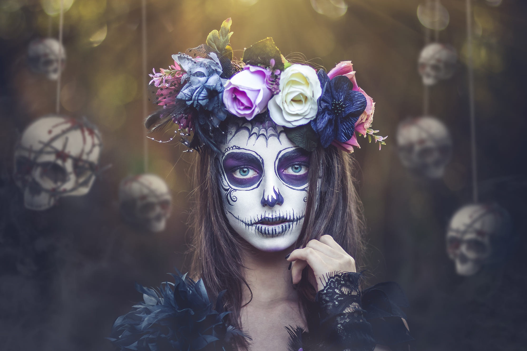 Blue Eyes Face Flower Girl Makeup Skull Sugar Skull Woman Wreath 2000x1333
