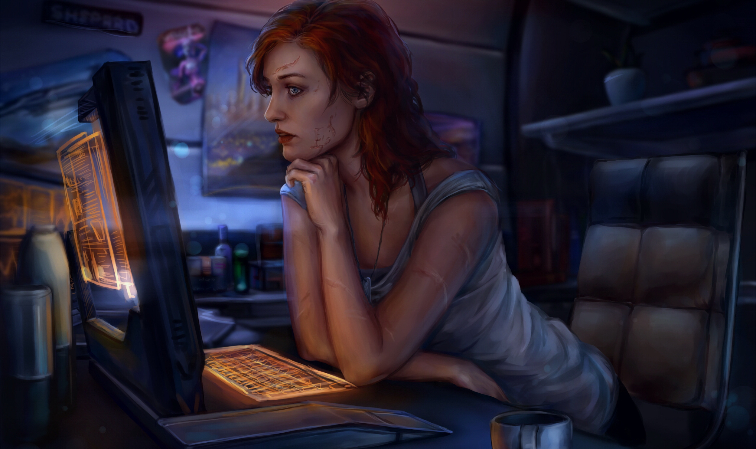 Blue Eyes Commander Shepard Girl Lipstick Mass Effect Redhead Scar Sci Fi Woman 2500x1484