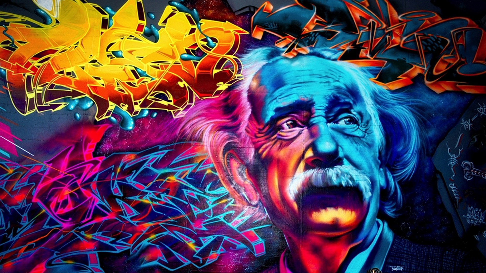 Orange Blue Red Yellow Graffiti Albert Einstein 1920x1080