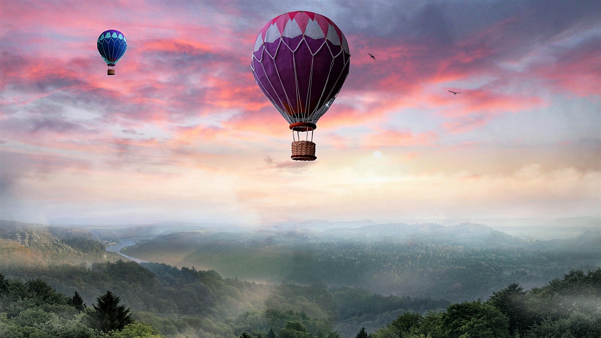 Artistic Cloud Forest Hot Air Balloon Landscape Sky Sunset 1920x1080