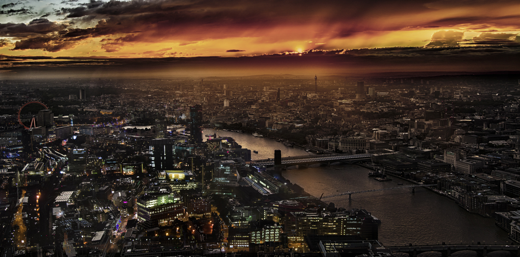 Building City Cityscape Horizon London River Sunset Thames United Kingdom 2183x1080