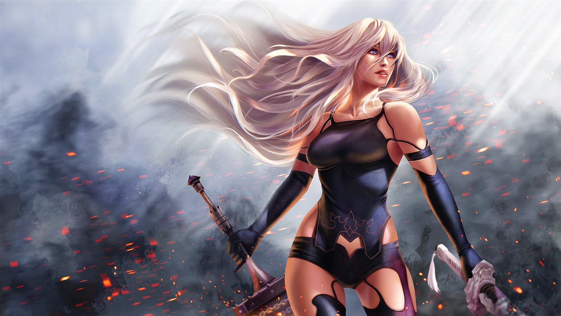 Fantasy Girl Long Hair Nier Automata Warrior Weapon White Hair Woman Yorha Type A No 2 1920x1080