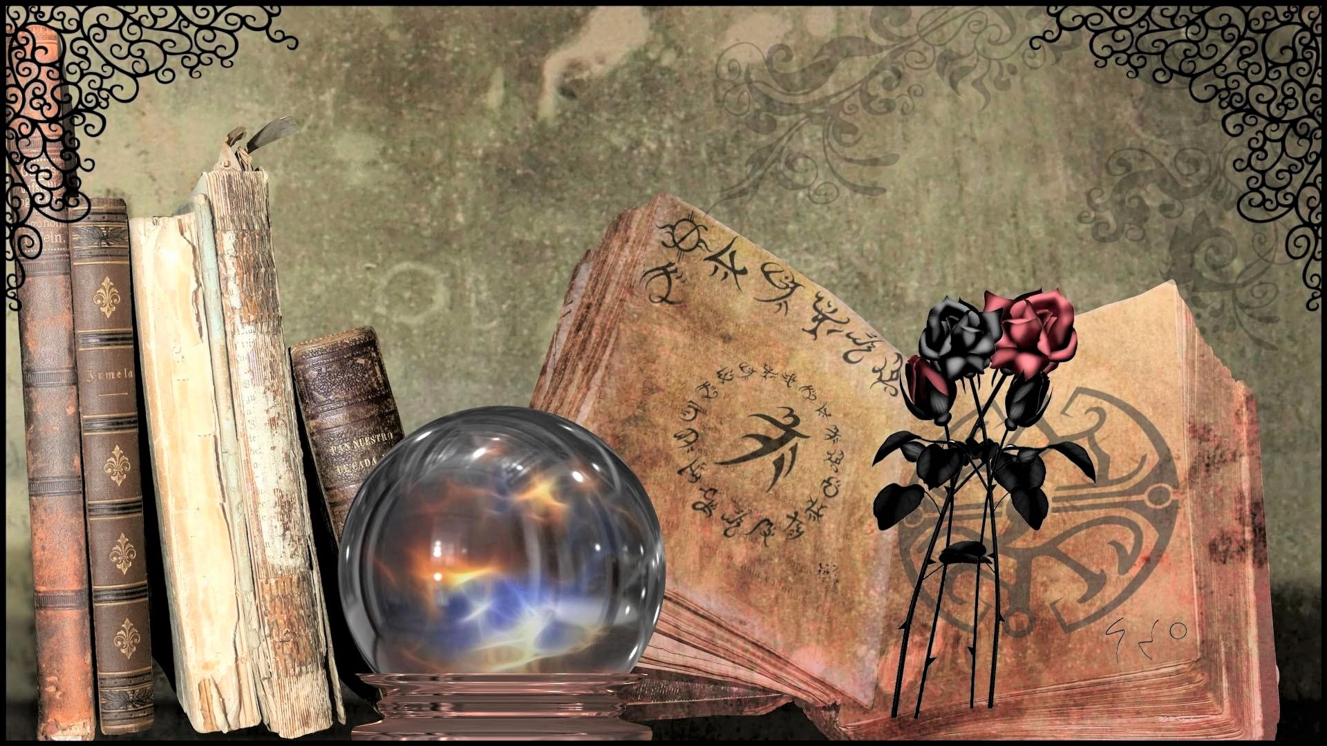 Artistic Book Crystal Ball Magic Rose Still Life 1920x1080