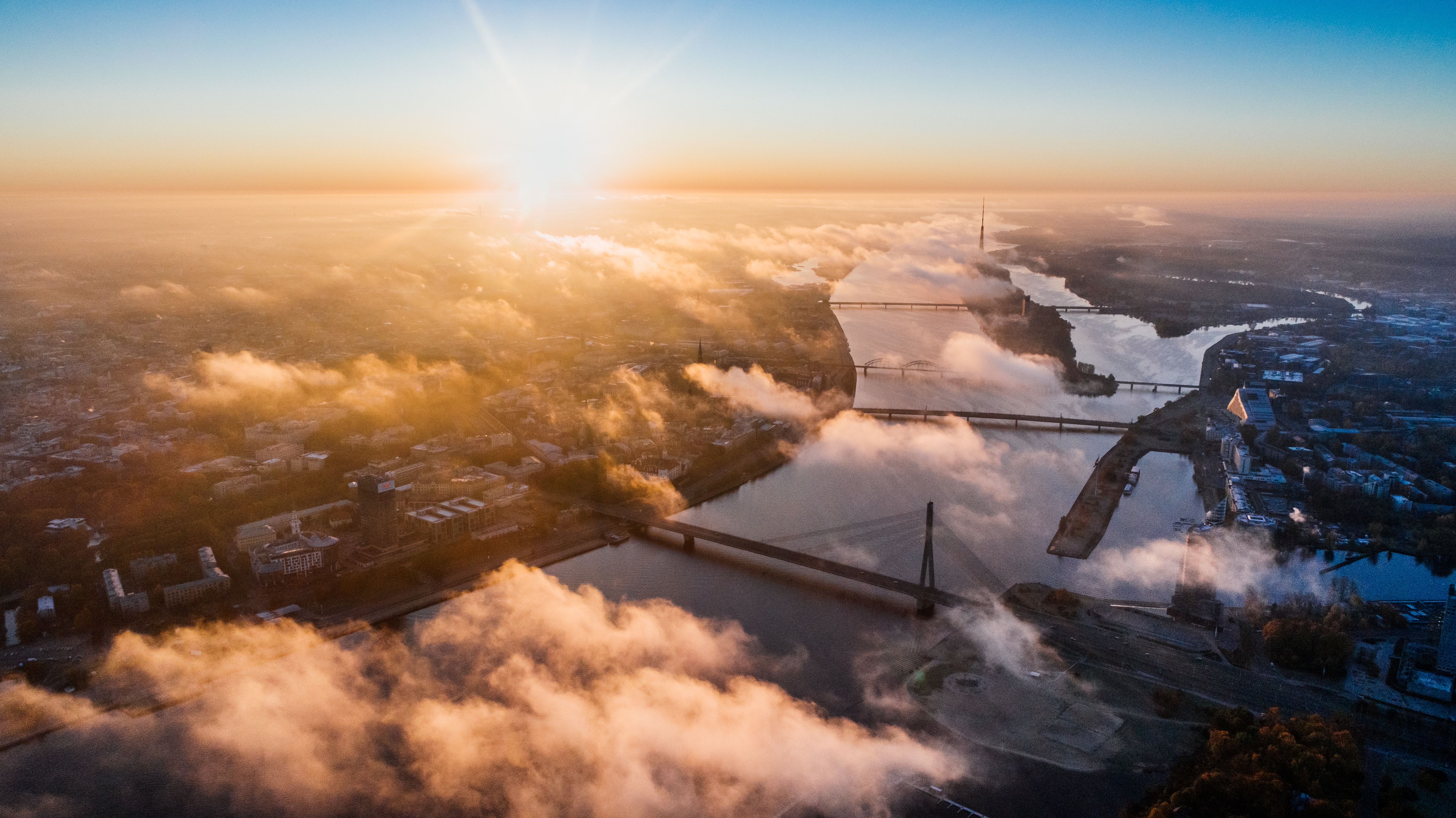 Aerial Bridge City Cityscape Horizon Latvia Riga River 5364x3014
