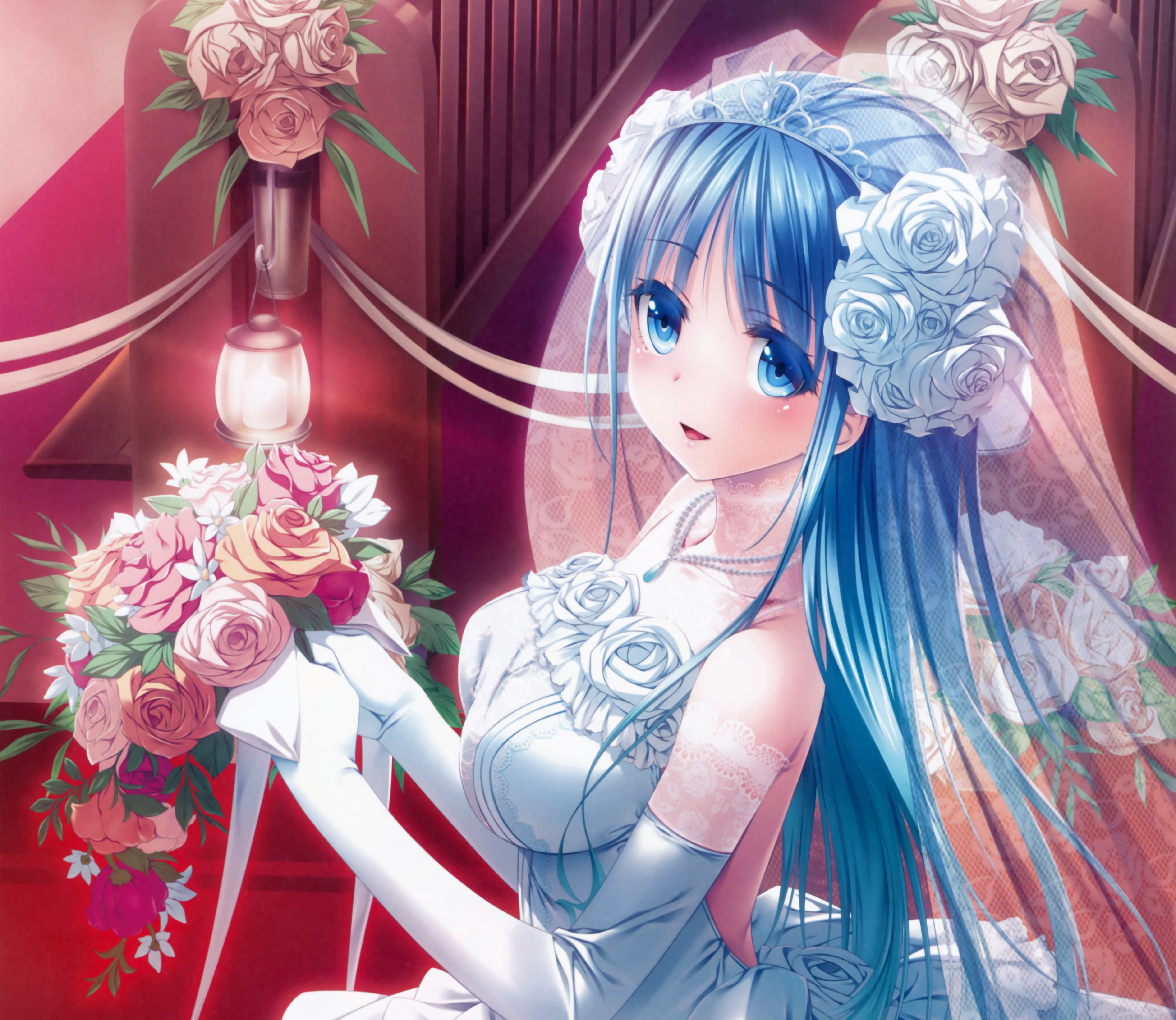 Blue Eyes Blue Hair Blush Bouquet Flower Long Hair Smile Tiara Veil Wedding Dress 4960x4304