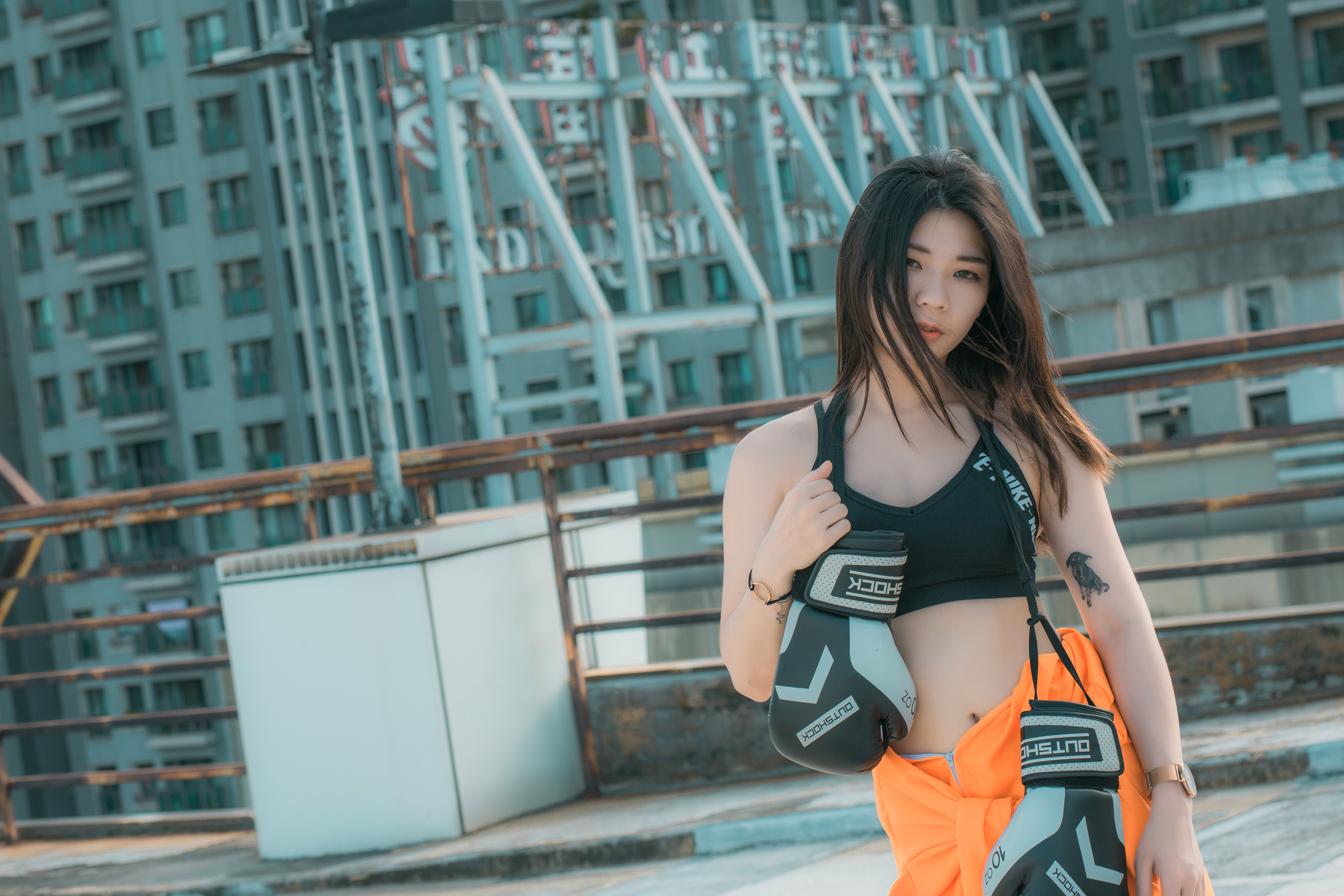 Asian Women Model Long Hair Brunette Black Top Box Gloves Rooftops Orange Jumpsuit 5760x3840