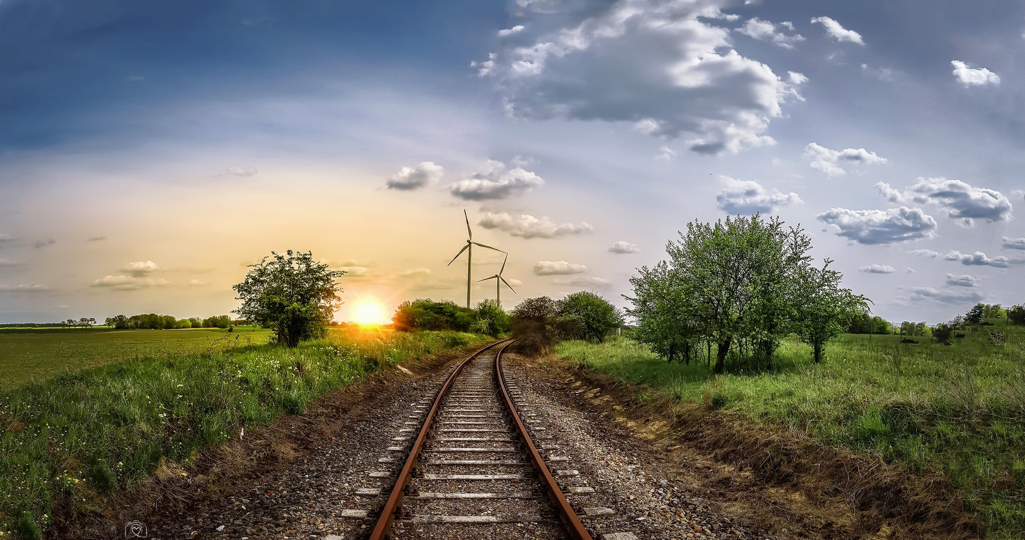 Railroad Sky Sunrise Wind Turbine 2048x1080