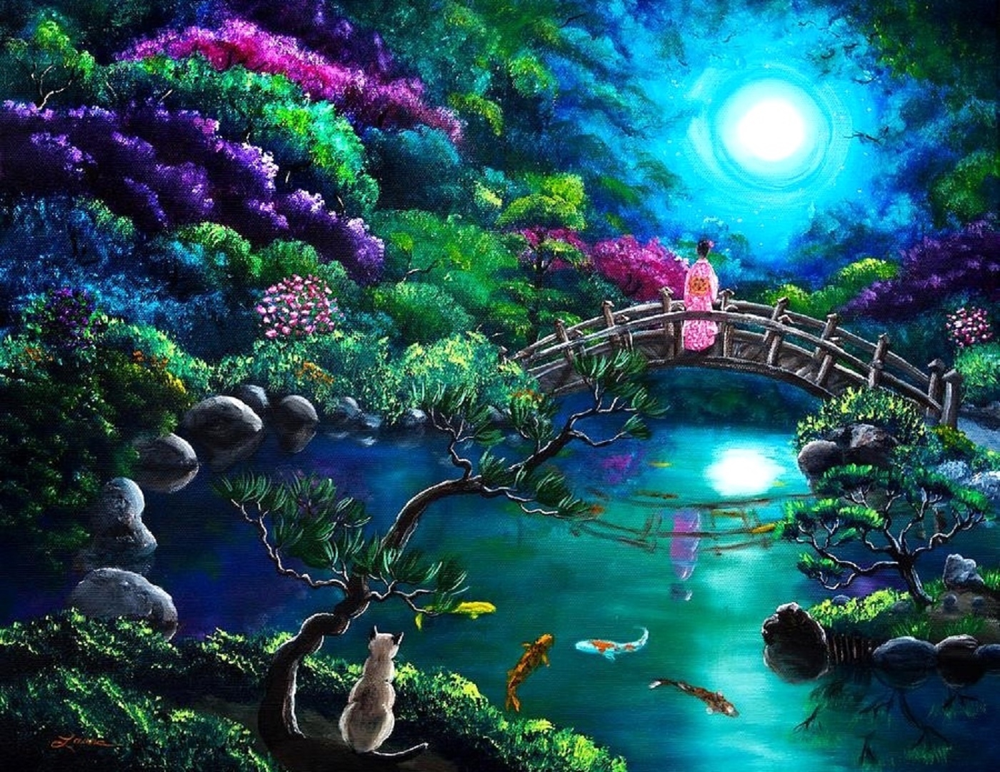 Artistic Asian Bridge Colorful Colors Flower Geisha Moon 1400x1080