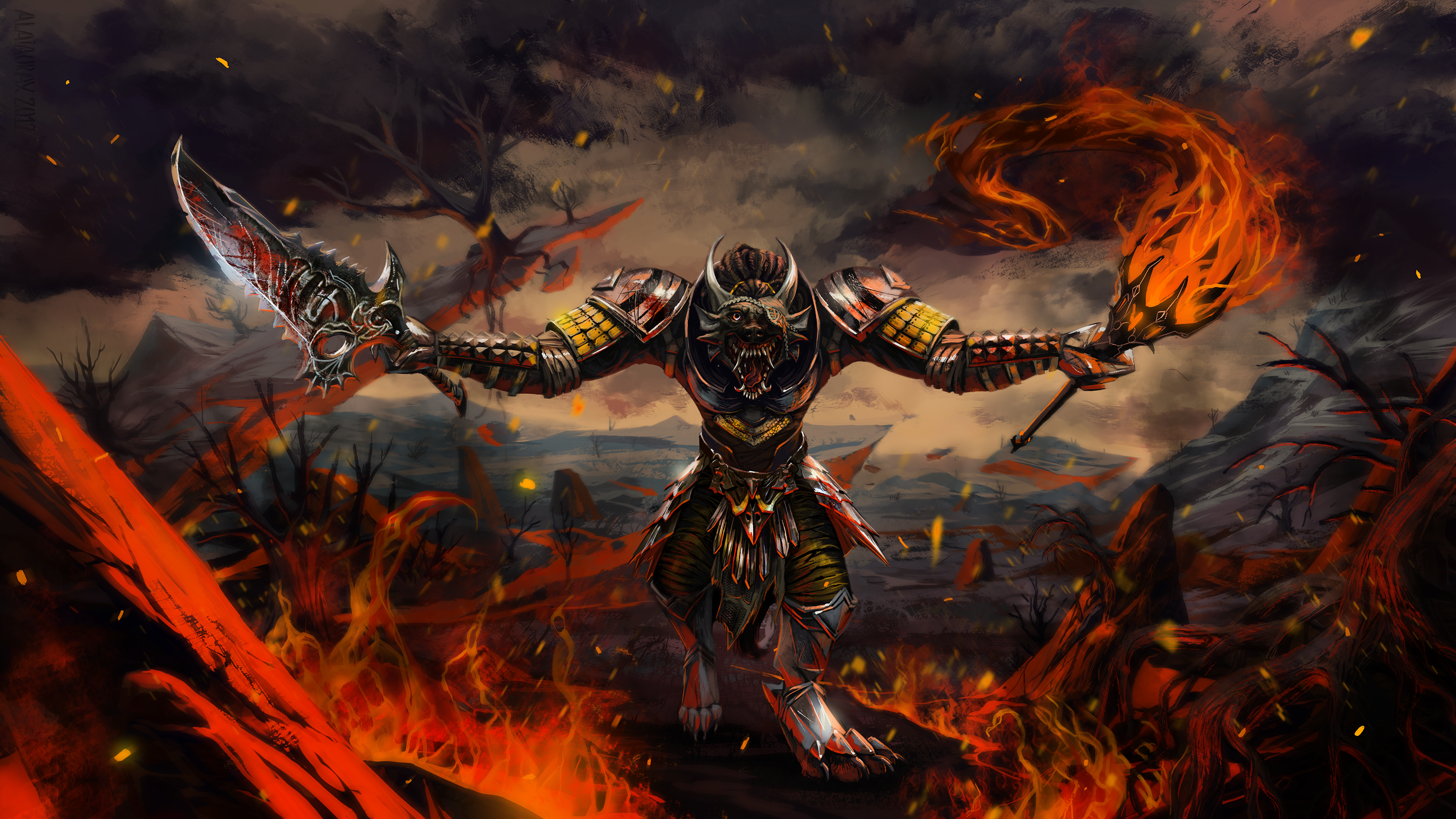 Armor Creature Fire Landscape Sword Torch Warrior 3000x1688