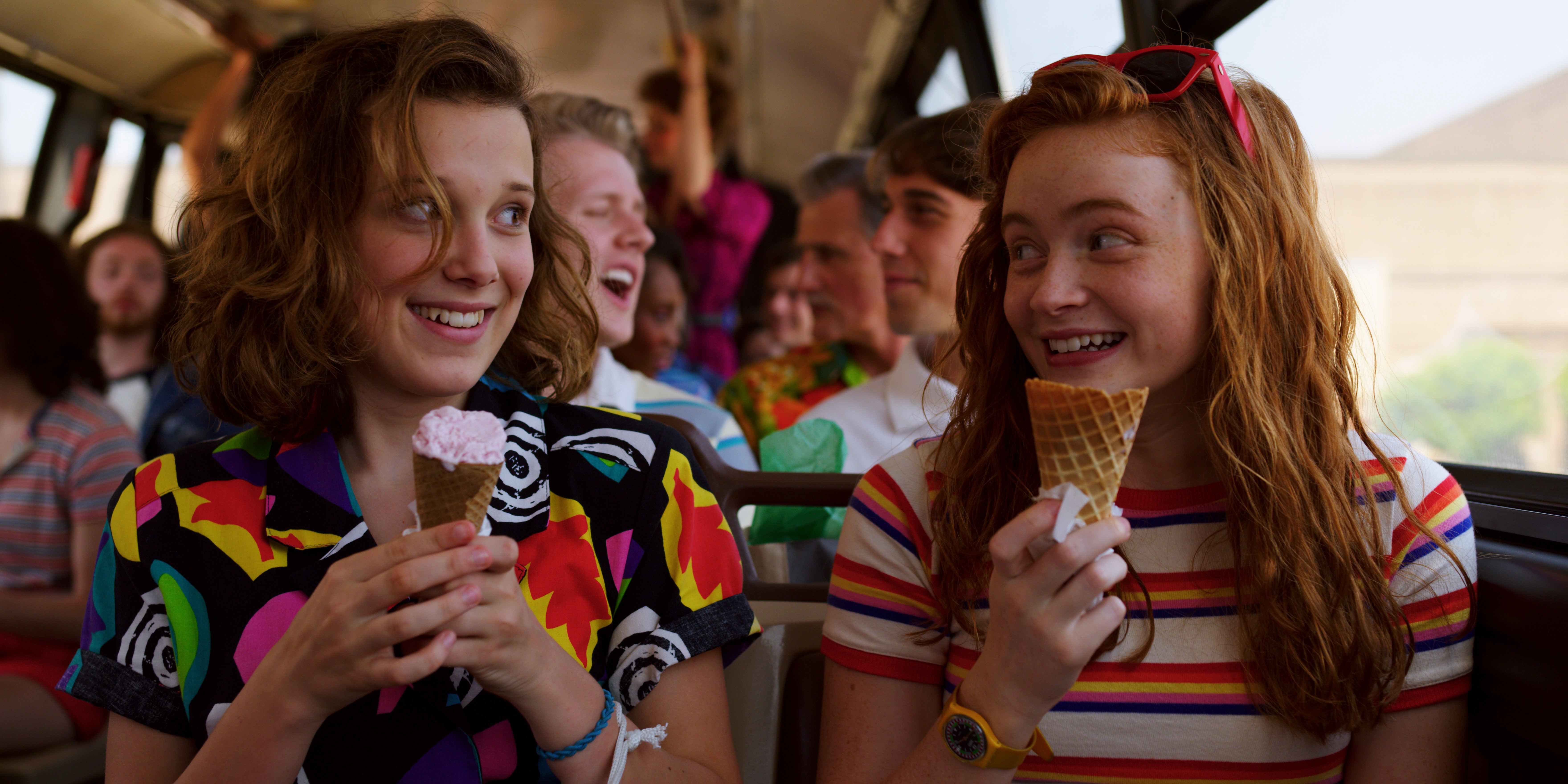 Eleven Stranger Things Ice Cream Max Mayfield Millie Bobby Brown Sadie Sink Stranger Things Stranger 7040x3520