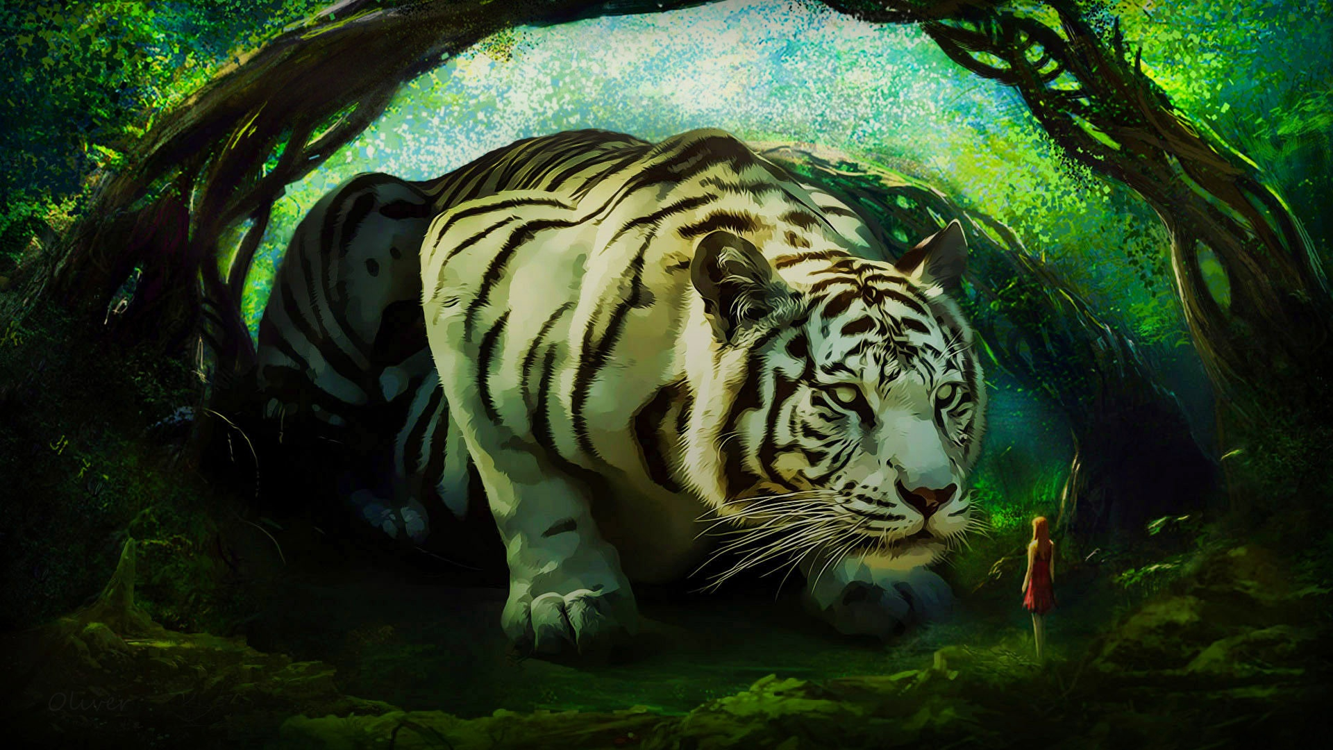 Fantasy Forest Giant Girl Tiger White Tiger Woman 1920x1080