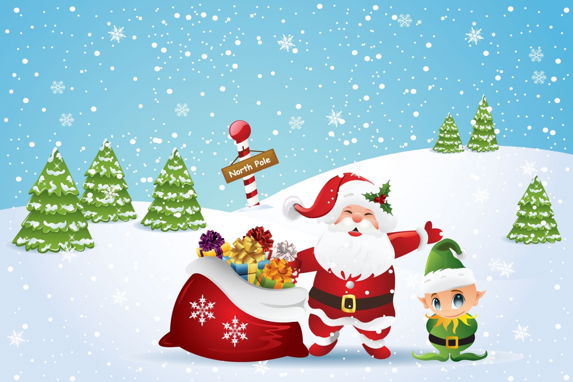 Christmas Elf Gift North Pole Santa Claus Snow Snowfall Tree 1920x1280
