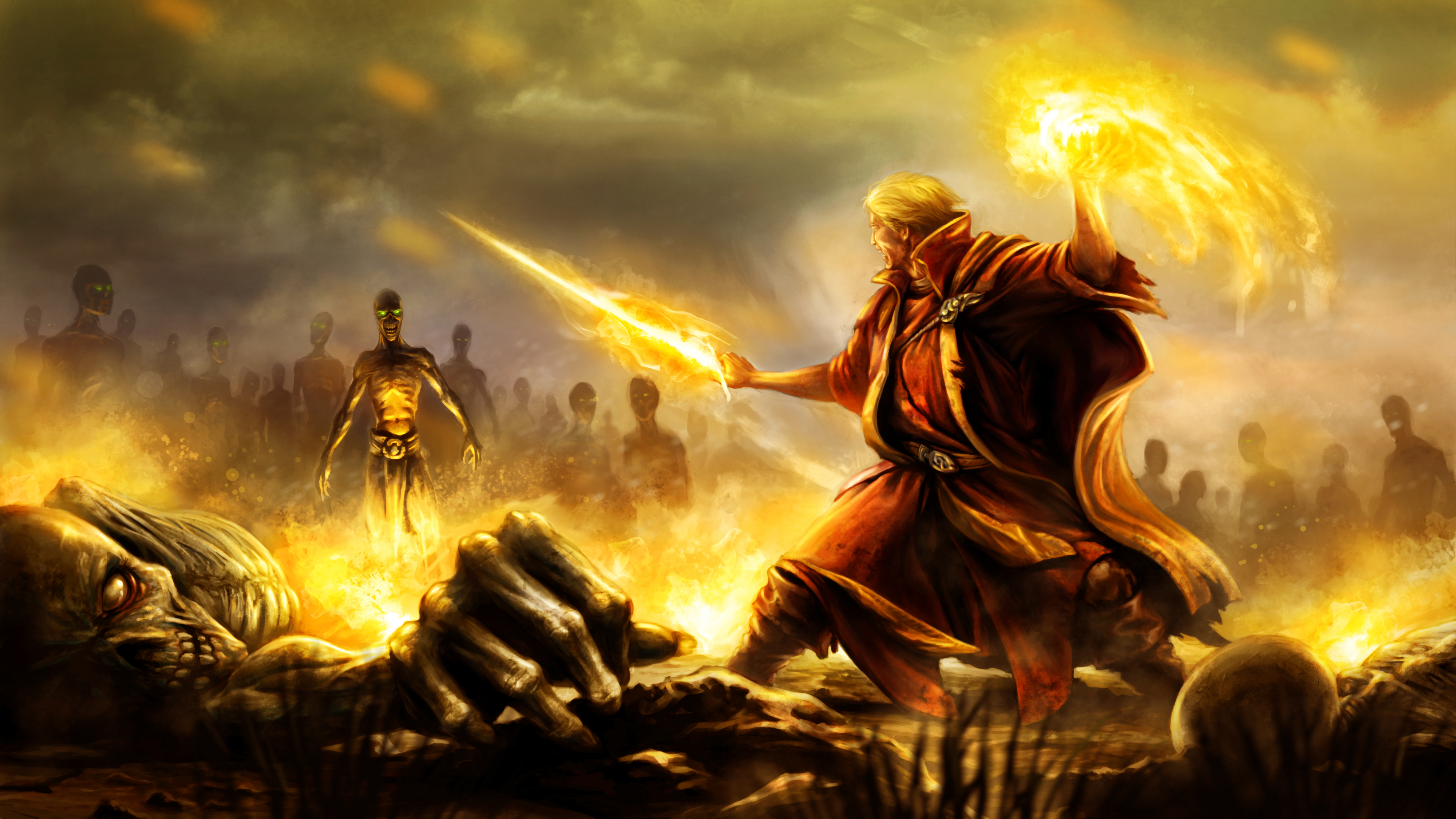 Battle Magic Man Sorcerer Sword Undead Zombie 4000x2250