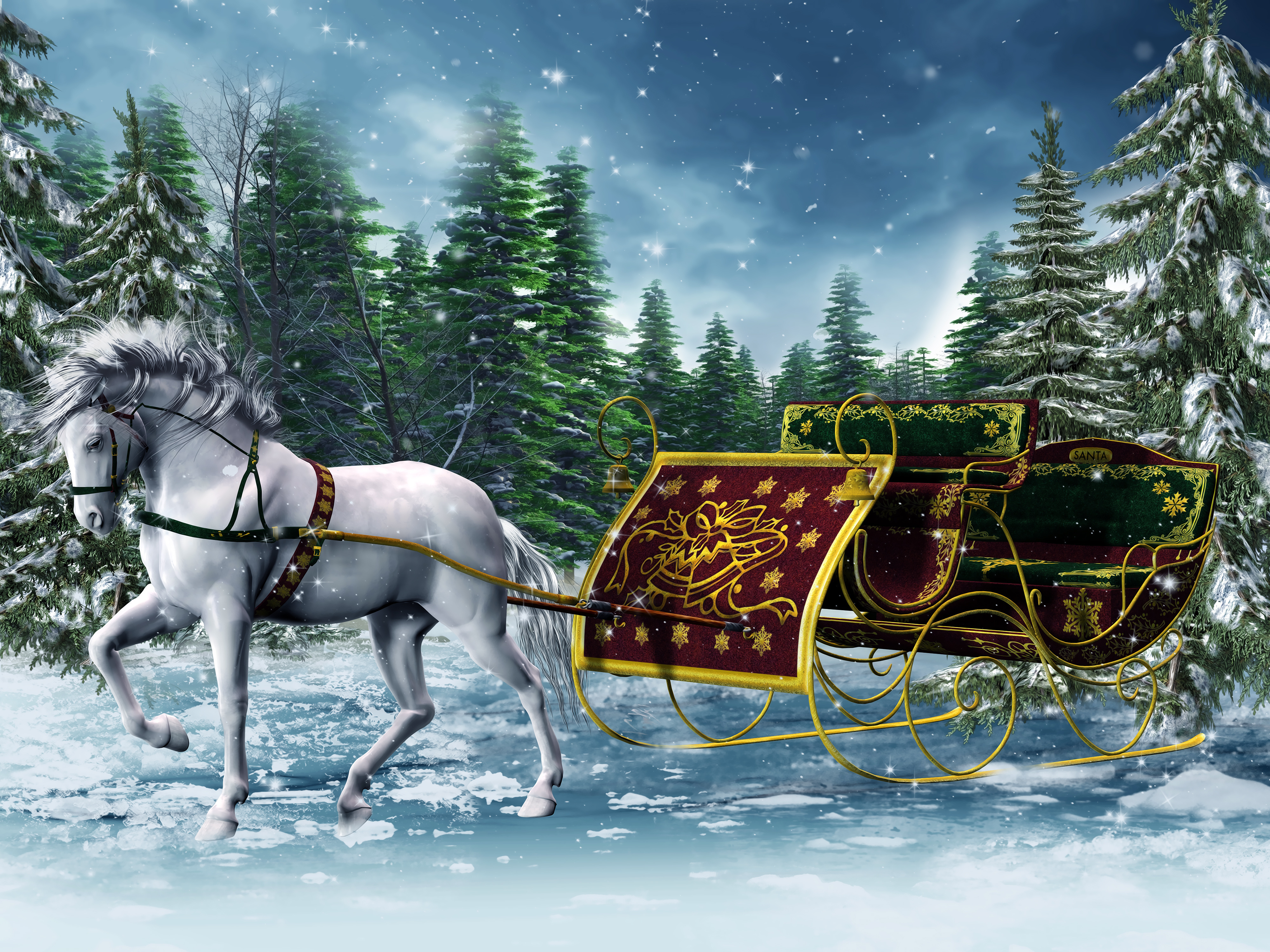 Christmas Holiday Horse Sleigh Snow White Winter 4000x3000