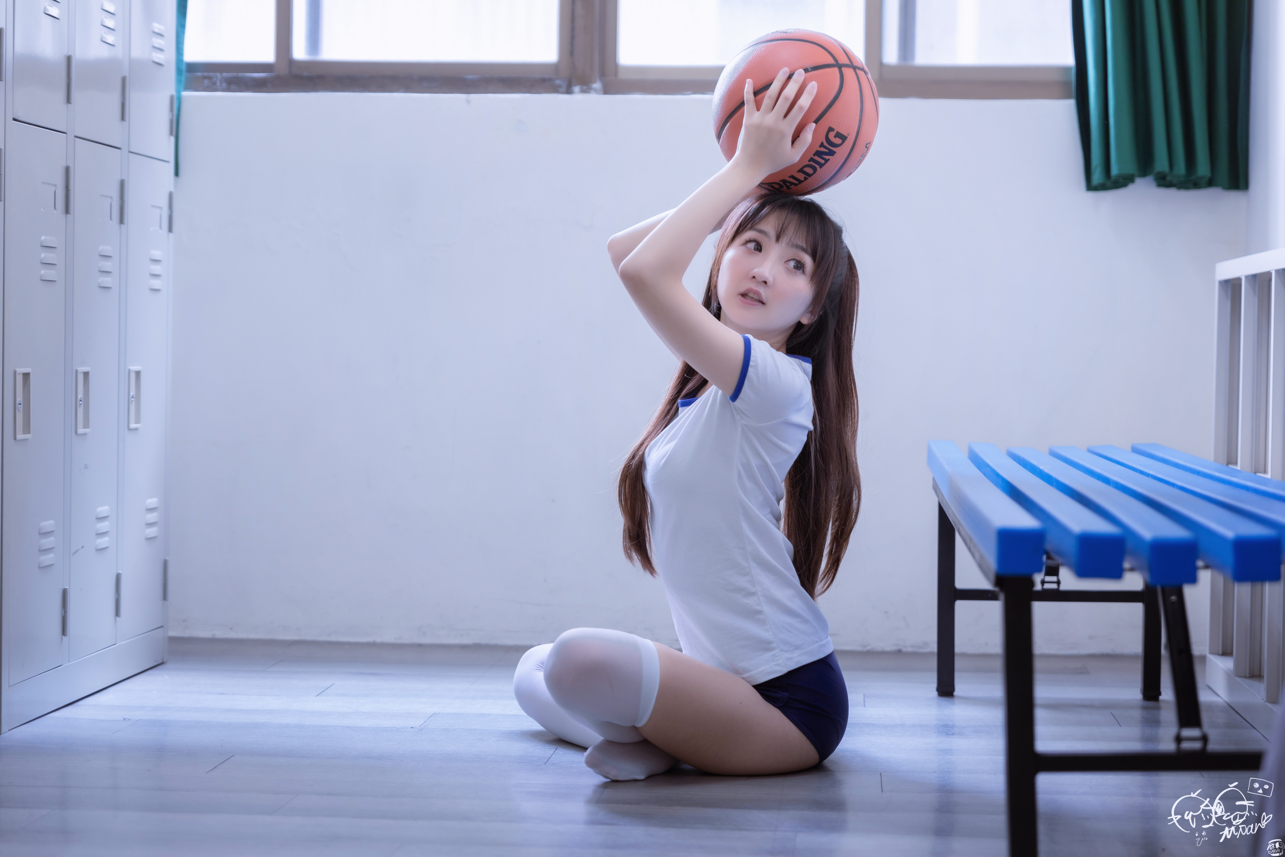 Asian Women Model Long Hair Brunette School School Uniform Basketball Bench Locker Room Lockers T Sh 4096x2731